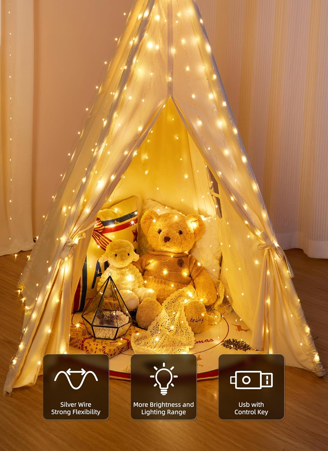 300 LED Fairy Curtain Lights, 9.8Ft X 9.8Ft Warm White Curtain String Lights, USB Plug in 8 Lighting Modes Christmas Decoration, Hanging Lights with Remote for Bedroom Indoor Weddings Dorm - Image 3