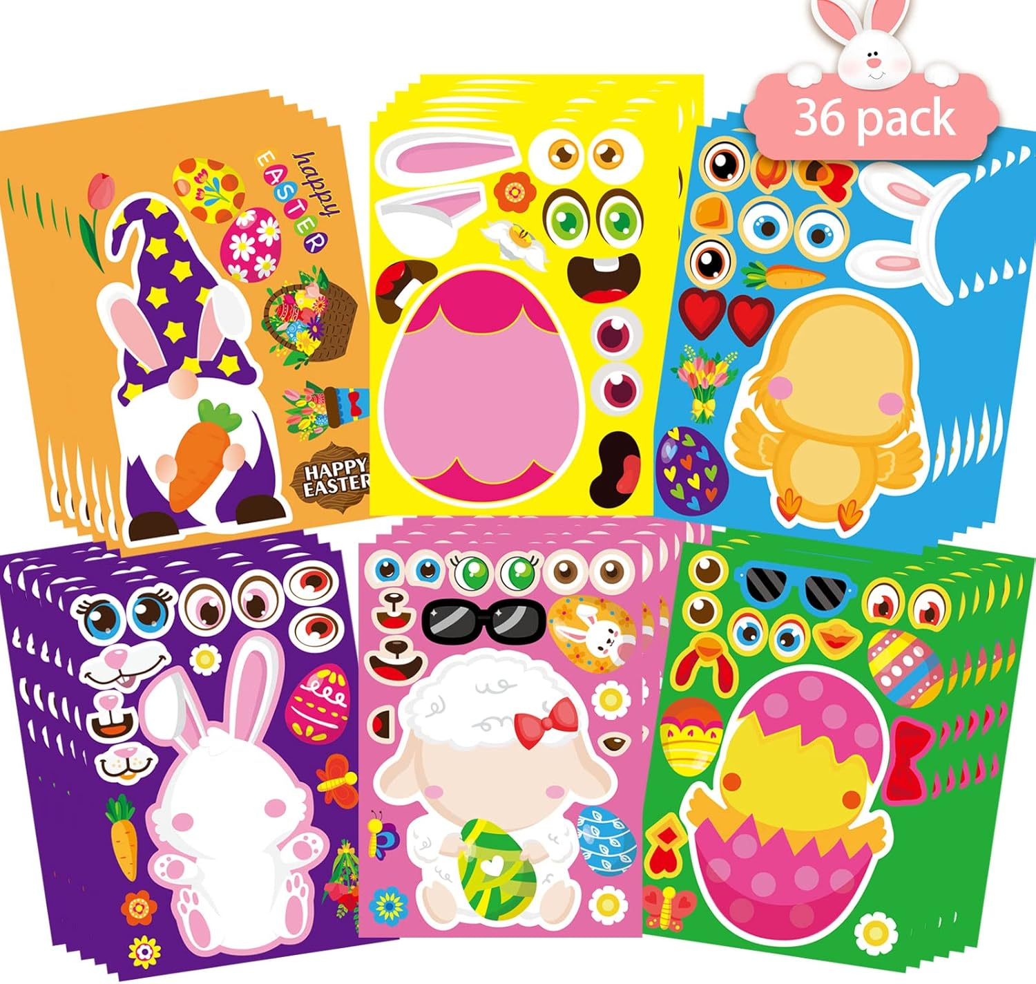 36 Sheet Easter Stickers for Kids,Easter Basket Stuffers,Make a Face Sticker with Animal Egg Themed,Make Your Own Stickers,Decorations Gift Kids Party Favor Supplies Crafts