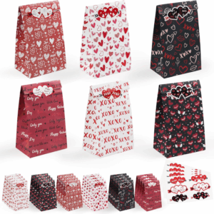 Valentines 24 PCS Gift Bags for Kids - School Valentines Day Treat Bags with Stickers - Decorations Party Favors