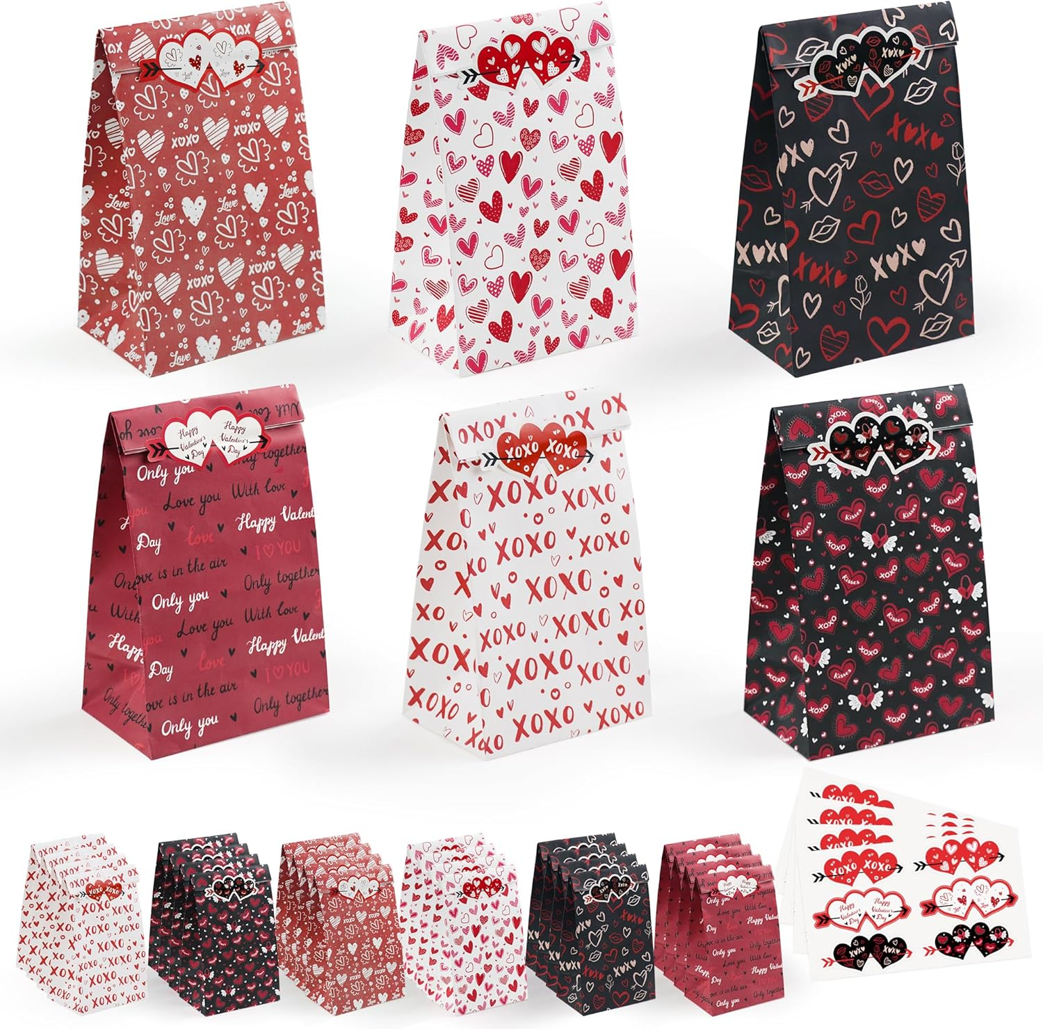 Valentines 24 PCS Gift Bags for Kids - School Valentines Day Treat Bags with Stickers - Decorations Party Favors