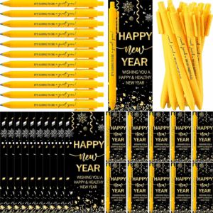 24 Sets Happy New Year Gifts Bulk Include Inspirational Plastic Ballpoint Pen Happy New Year Bookmark Greeting Card with Tie for Team Employee Coworker 2025 Lunar New Year Eve Party Favor