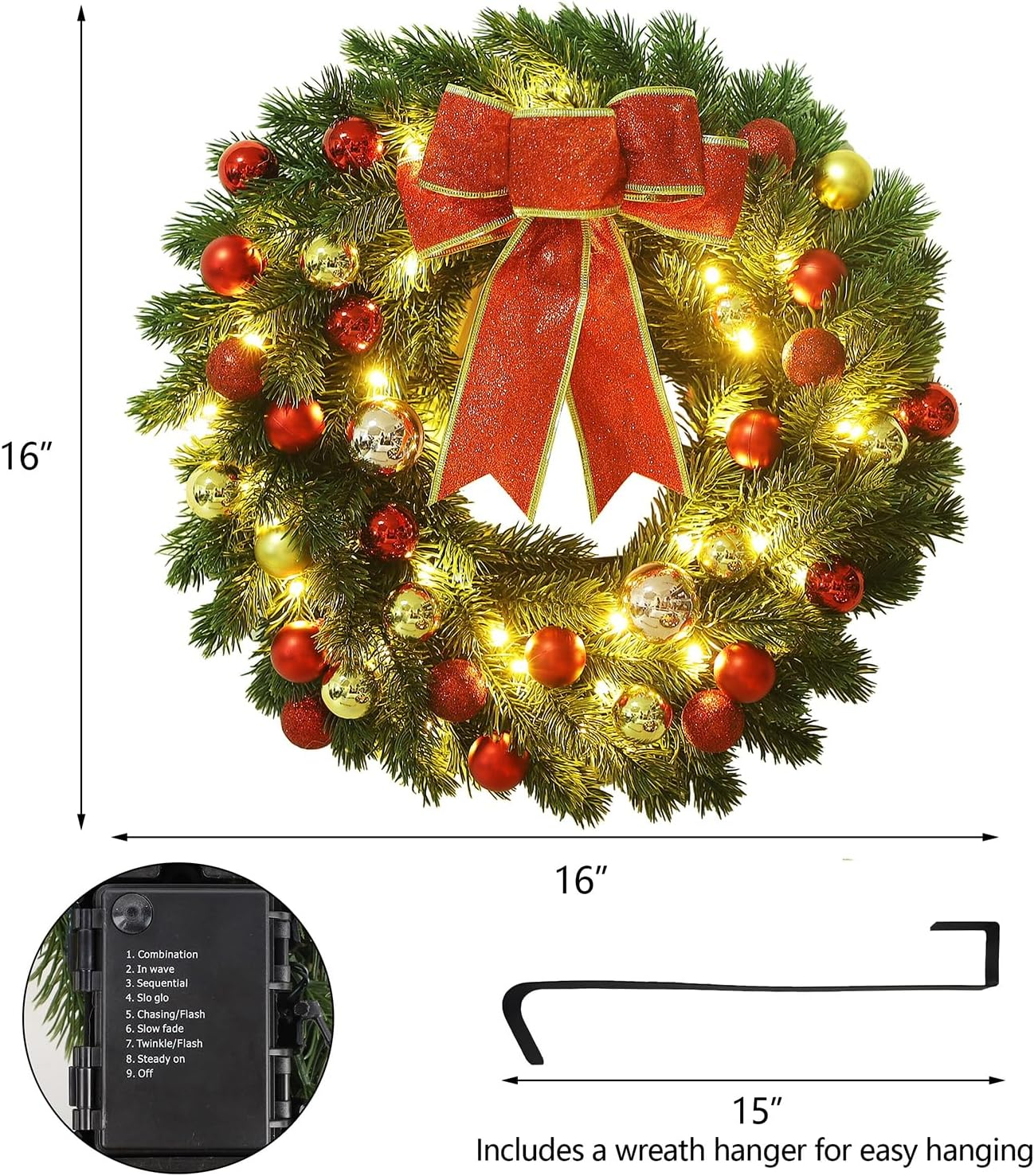 16 Inch Pre-Lit Christmas Wreath with Metal Hanger, Large Red Bow and Colored Balls, Battery Operated with Warm White 40 Leds Lights, Front Door Spruce Lighted Wreath X-Max Decorations - Image 3