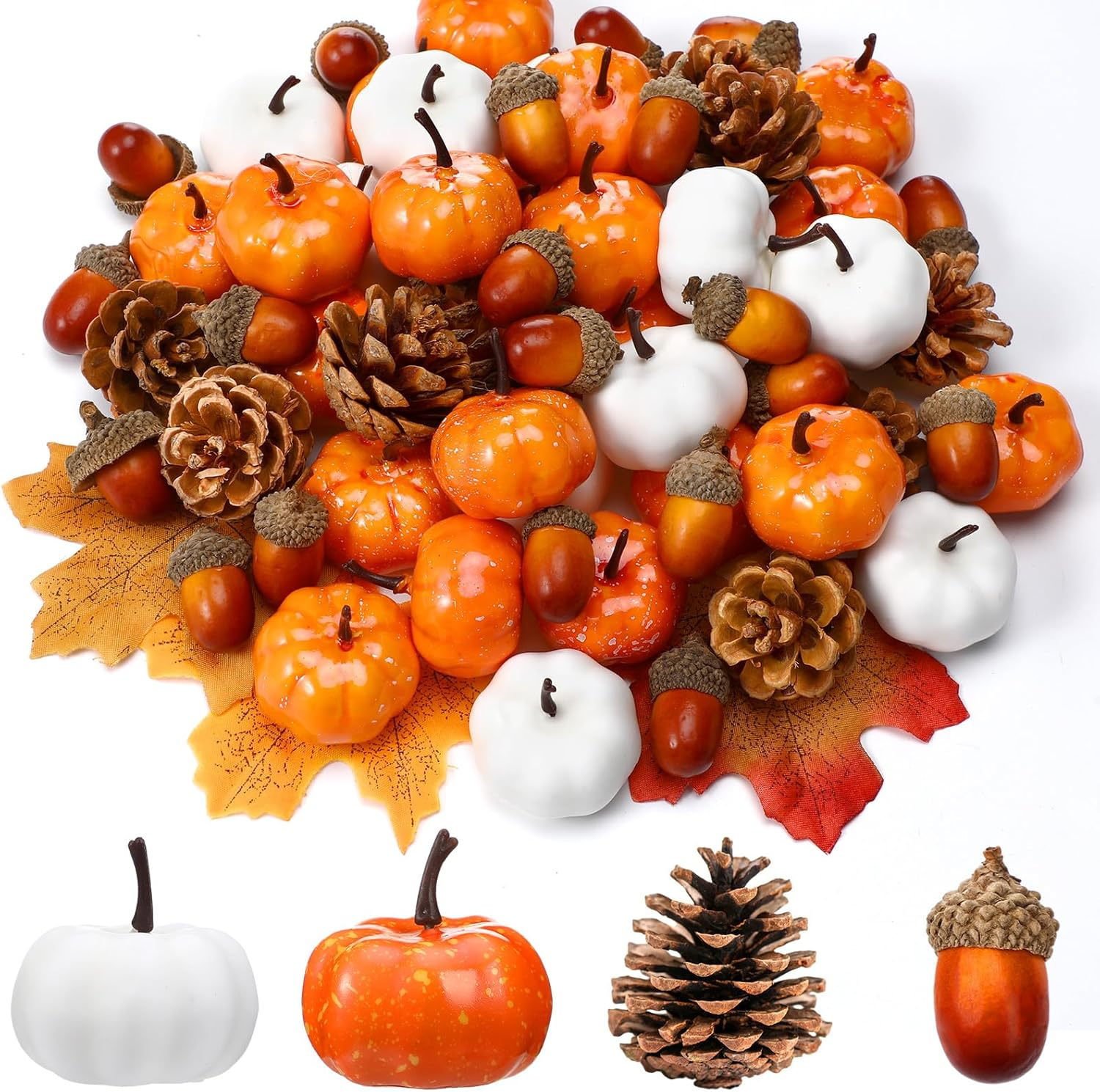 120Pcs Mini Pumpkins Acorns Pine Cones Fall Decoration Thanksgiving Artificial Small Pumpkins Fake Props Bulk Rustic Vase Filler for Autumn Harvest DIY Craft Table Centerpiece(Lovely Color)
