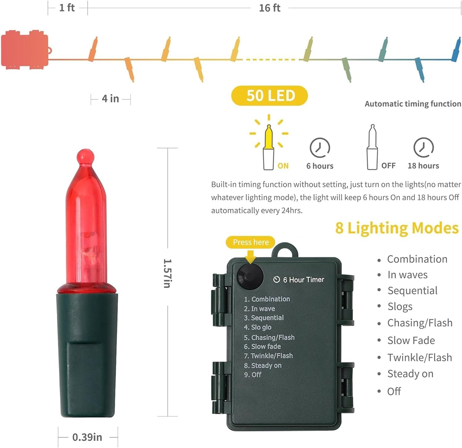 2 Pack 50 LED Outdoor Christmas Lights, 16FT Battery Operated Mini String Lights with 8 Modes & Timer, Xmas Tree Lights Waterproof for Patio Garden Party Wedding Holiday Decor, Red & White - Image 3