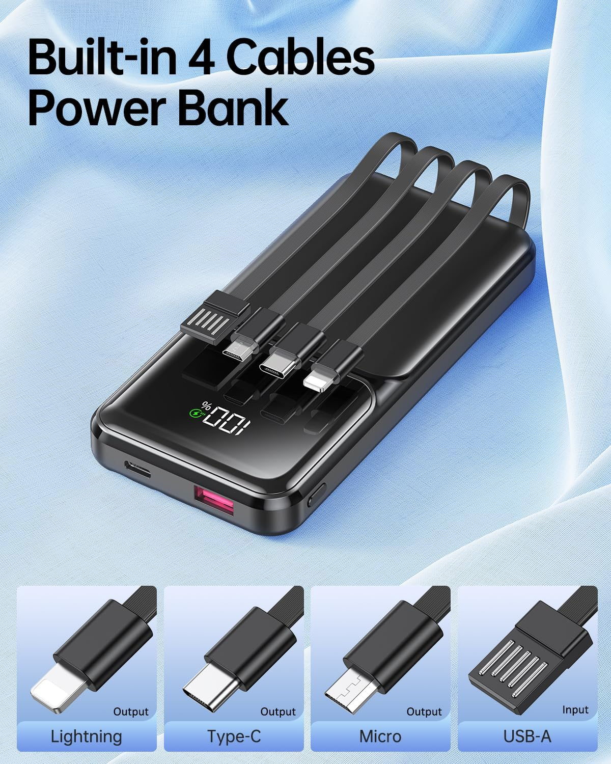 Portable Charger with Built in Cable - 20000Mah Fast Charging 22.5W Slim Power Bank USB C LED Display Travel Battery Pack 5 Outputs & 3 Inputs for Iphone Samsung Android Ipad Phones Tablets Etc - Image 2