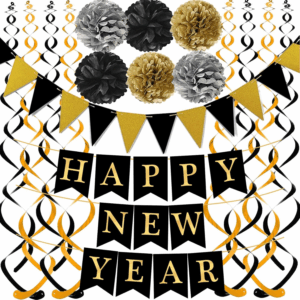 Black Happy New Year with Gold Black Paper Flag Bunting Swirl Streamers & Pom Poms for New Year Party Decorations