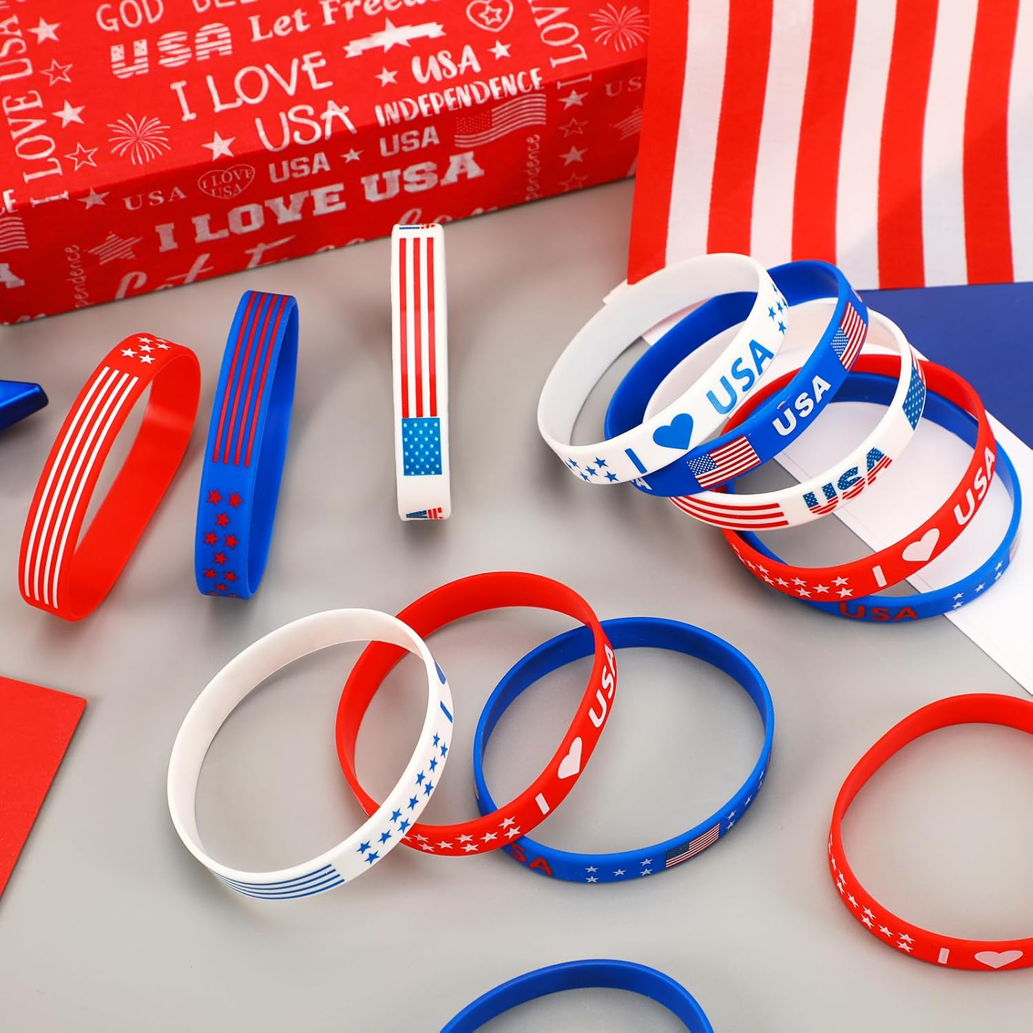 24Pcs 4Th of July Party Favors Silicone Bracelets USA American Flag Red White and Blue Rubber Wristbands for Patriotic Independence Day Party Gifts Holiday Decorations Supplies (6 Designs) - Image 5