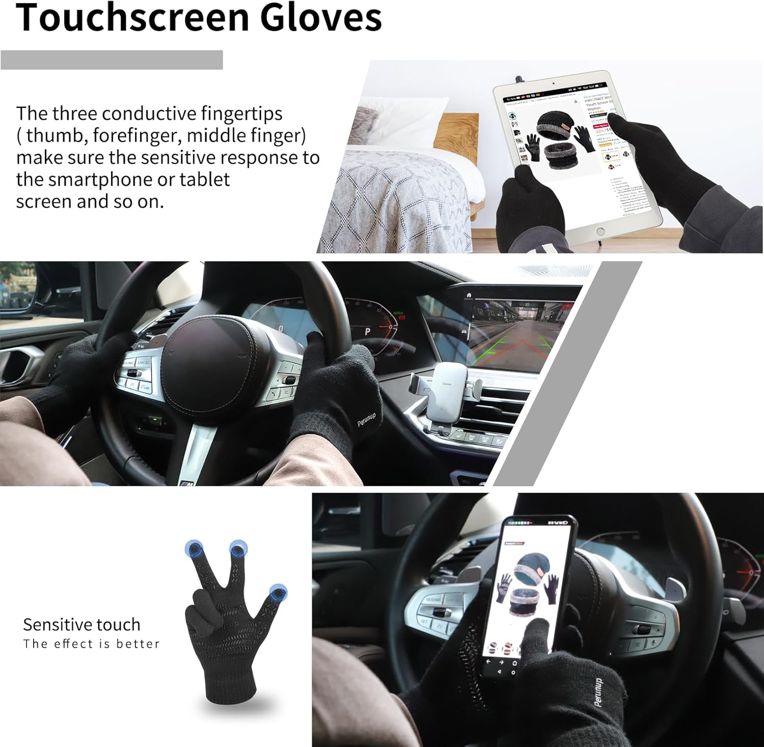 Winter Knit Beanie Hat Neck Warmer Scarf and Touch Screen Gloves Set 3 Pcs Fleece Lined Skull Cap for Men Women - Image 4