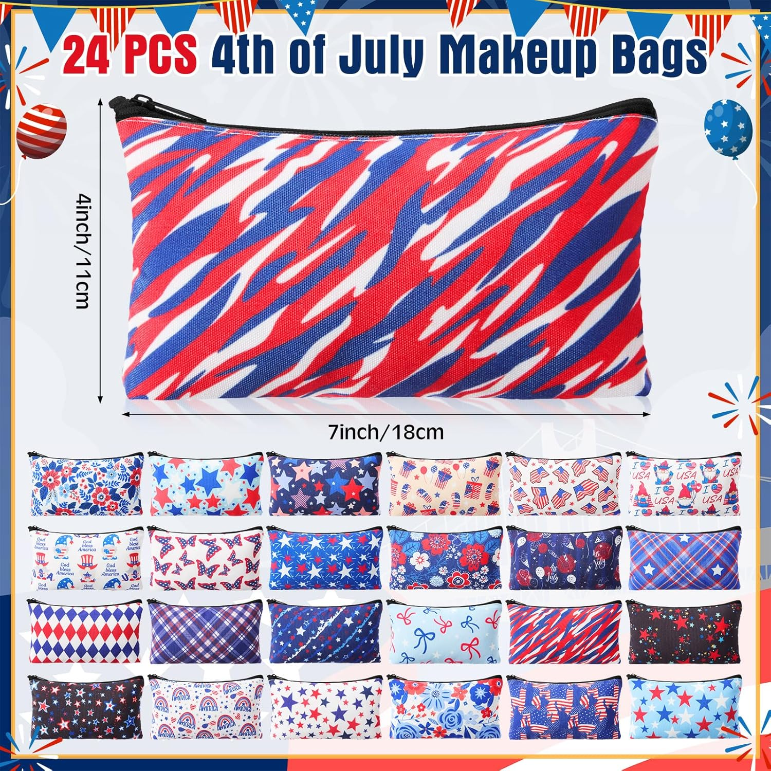 24 Pcs Patriotic Cosmetic Bags 4Th of July Makeup Bags Toiletry Pouch with Zipper Travel Cosmetic Organizer for Independence Day Gift Women Girls 24 Styles - Image 2