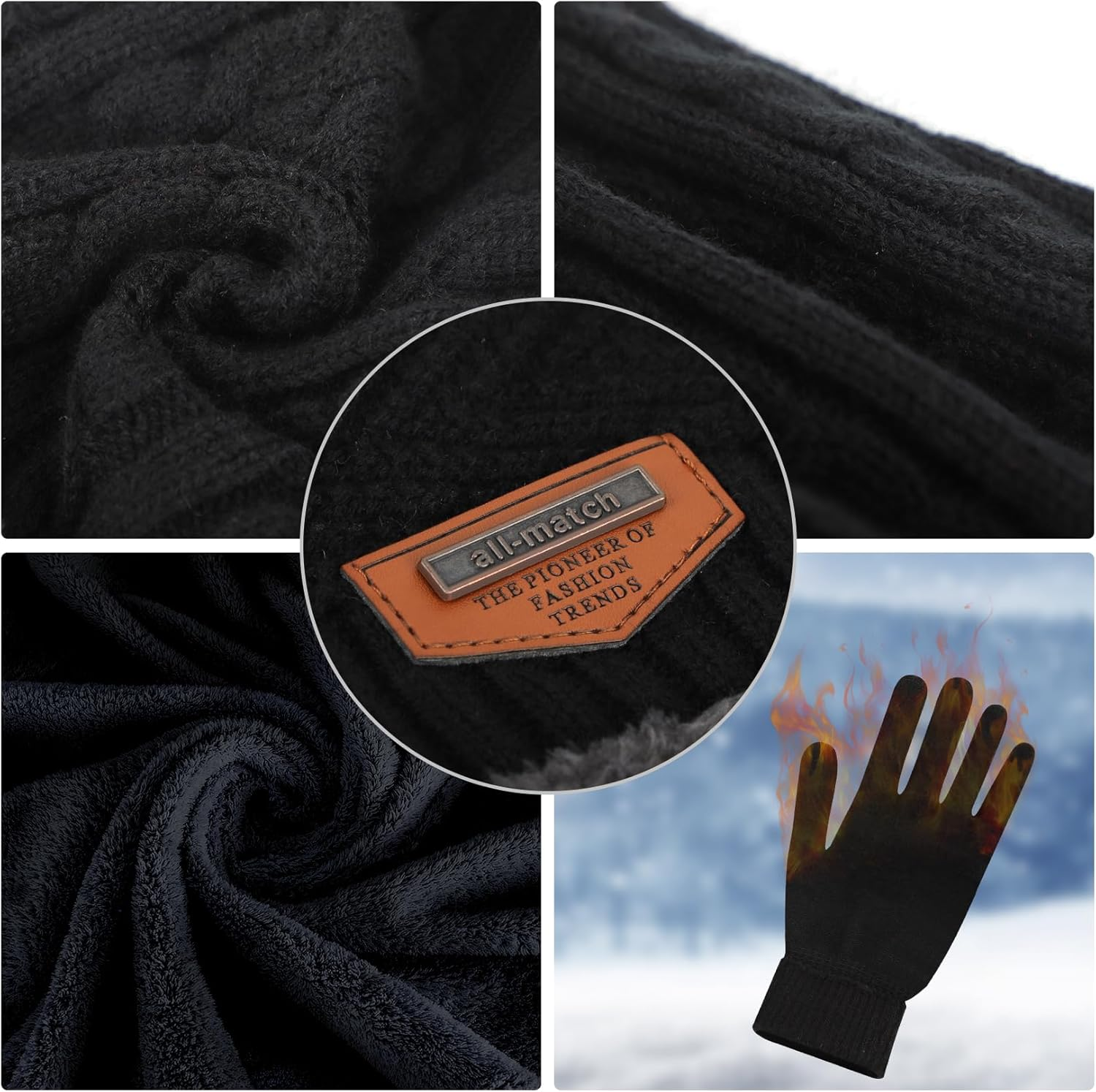 Winter Knit Beanie Hat Neck Warmer Scarf and Touch Screen Gloves Set 3 Pcs Fleece Lined Skull Cap for Men Women - Image 3