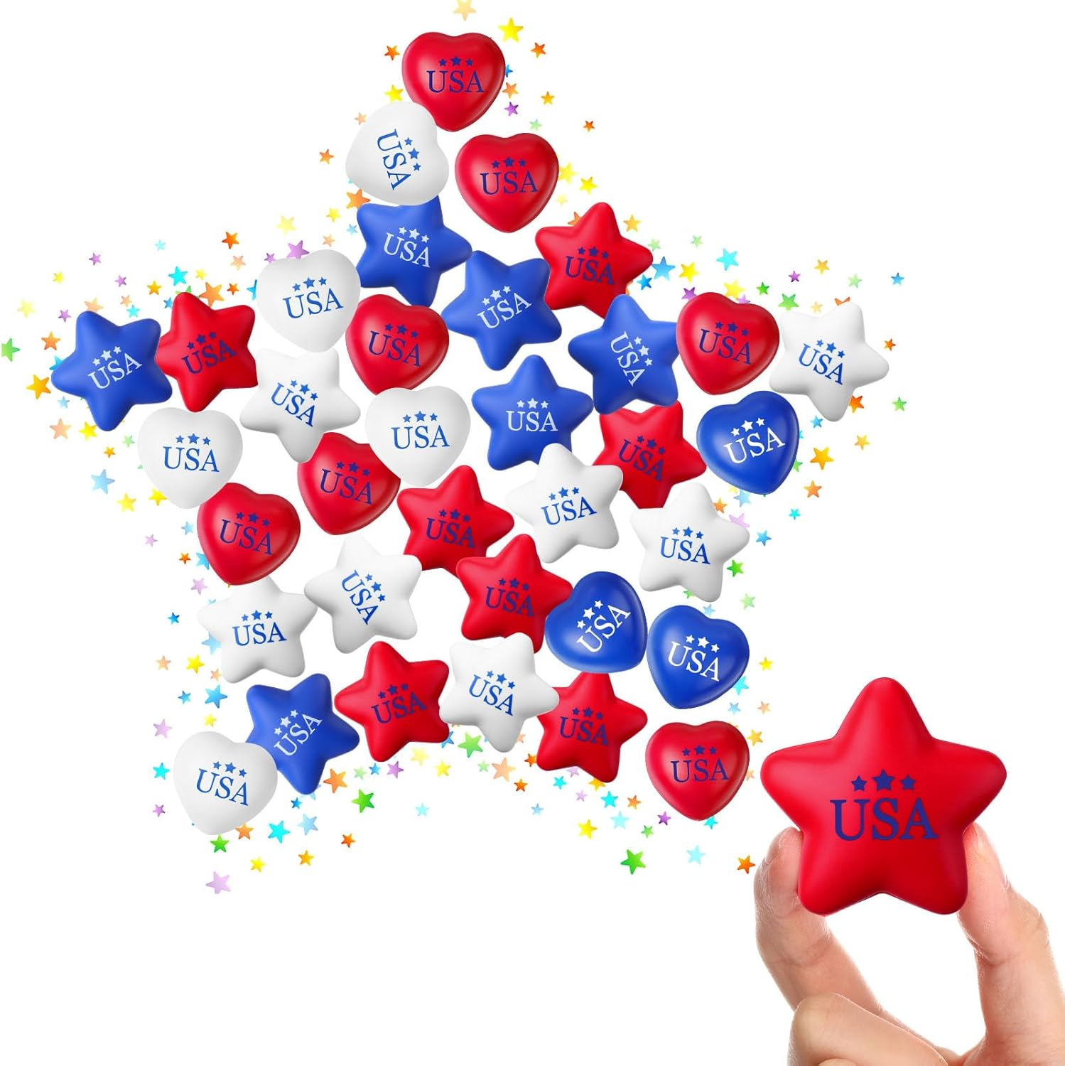30 Pcs 4Th of July Stress Balls Mini Bulk Patriotic Foam Star Stress Red White Blue Heart Stressballs Independence Day Relief Balls for School Carnival Reward Patriotic Party Favor