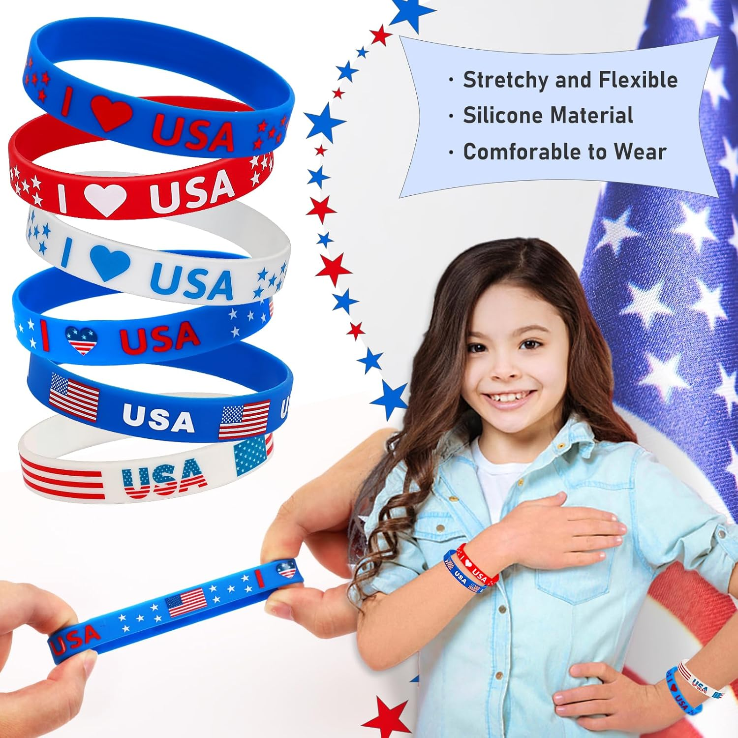 24Pcs 4Th of July Party Favors Silicone Bracelets USA American Flag Red White and Blue Rubber Wristbands for Patriotic Independence Day Party Gifts Holiday Decorations Supplies (6 Designs) - Image 4