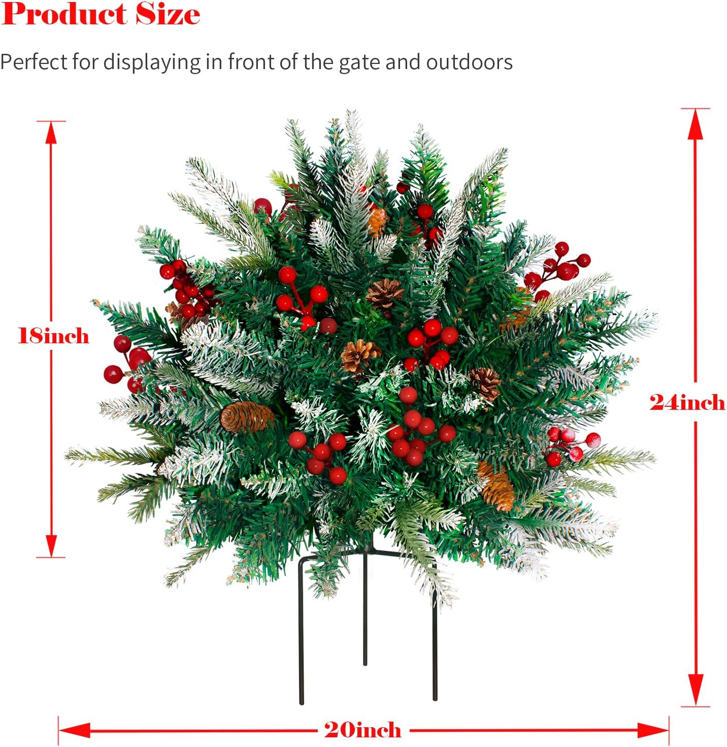2 Pack Lighted Artificial Christmas Urn Filler, Battery Operated Pre-Lit Xmas Pine Trees, Tripod Stake and 60 LED Lights, Holiday Porch Decorations for Porch, Yard, Garden, Flower Beds(Warm White) - Image 3