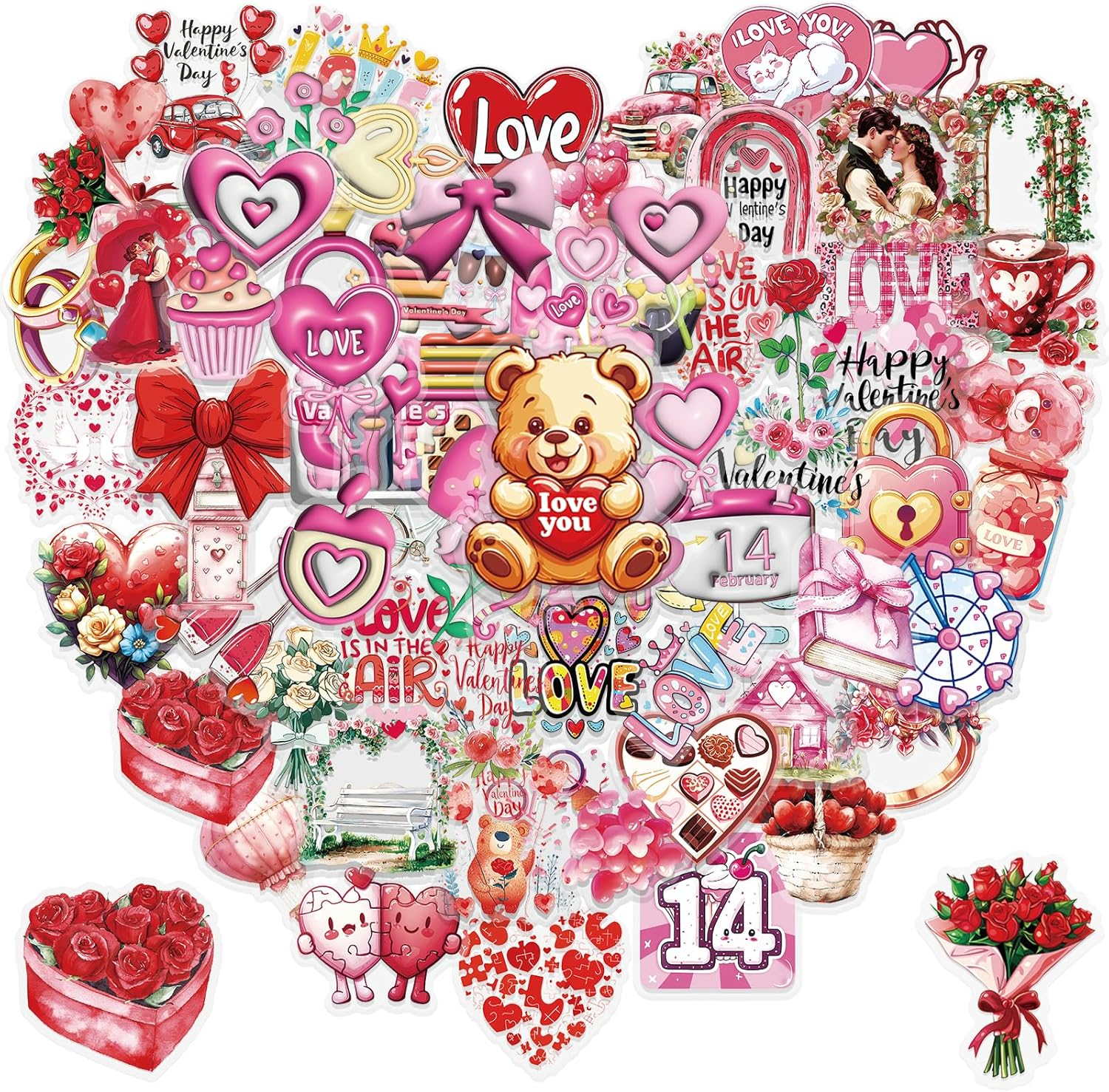 100PCS Valentine'S Day Stickers, Non-Repeating Vinyl Waterproof Romantic Stickers for Laptops, Water Bottles, Scooters, Valentine'S Day Wall, Window Decorations