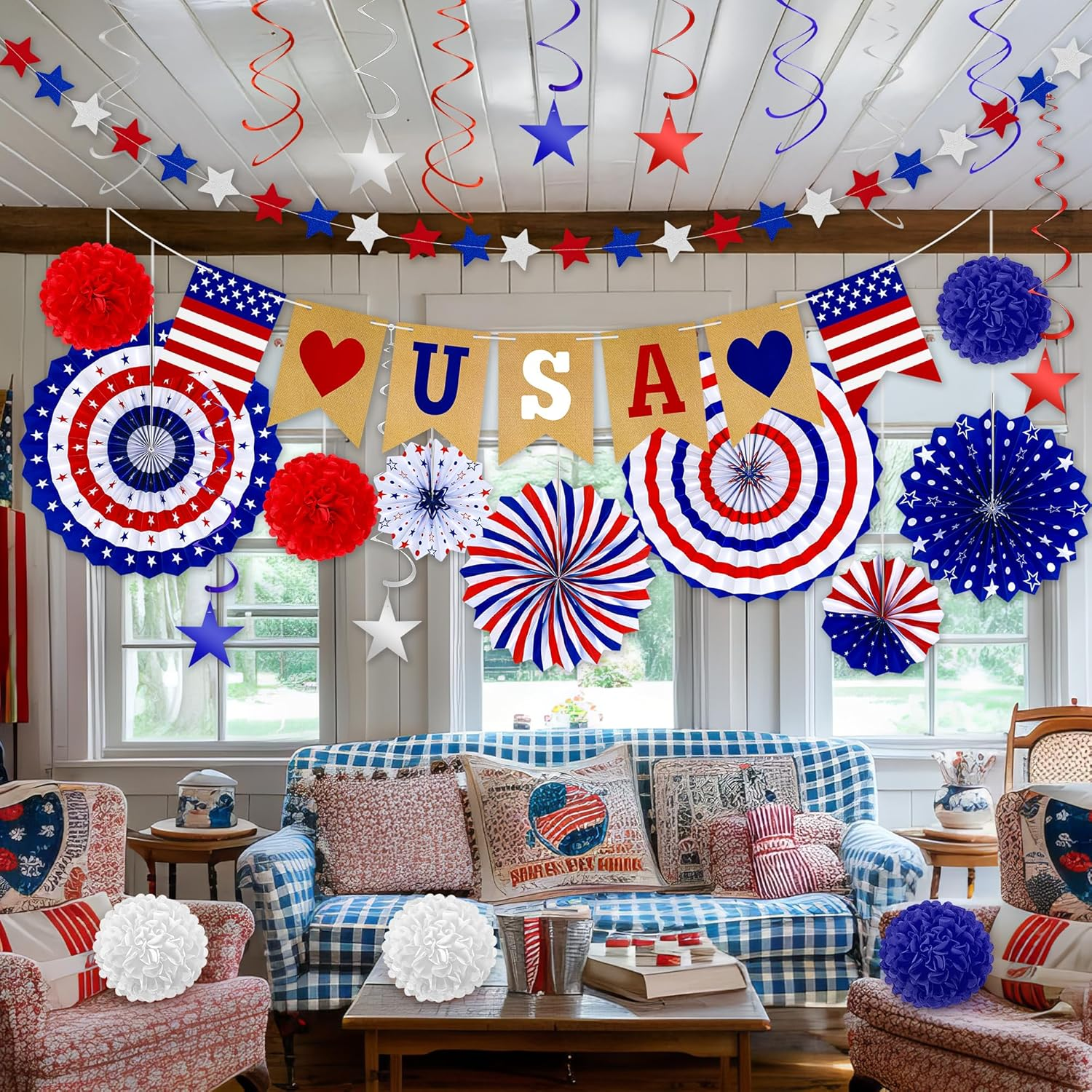 26 PCS 4Th of July Decorations, Red White Blue Paper Fans in Patriotic Designs, 4Th of July Banner Pompom Star Garland and Hanging Swirls Set for Fourth of July Independence Day Party Supplies Decor - Image 8