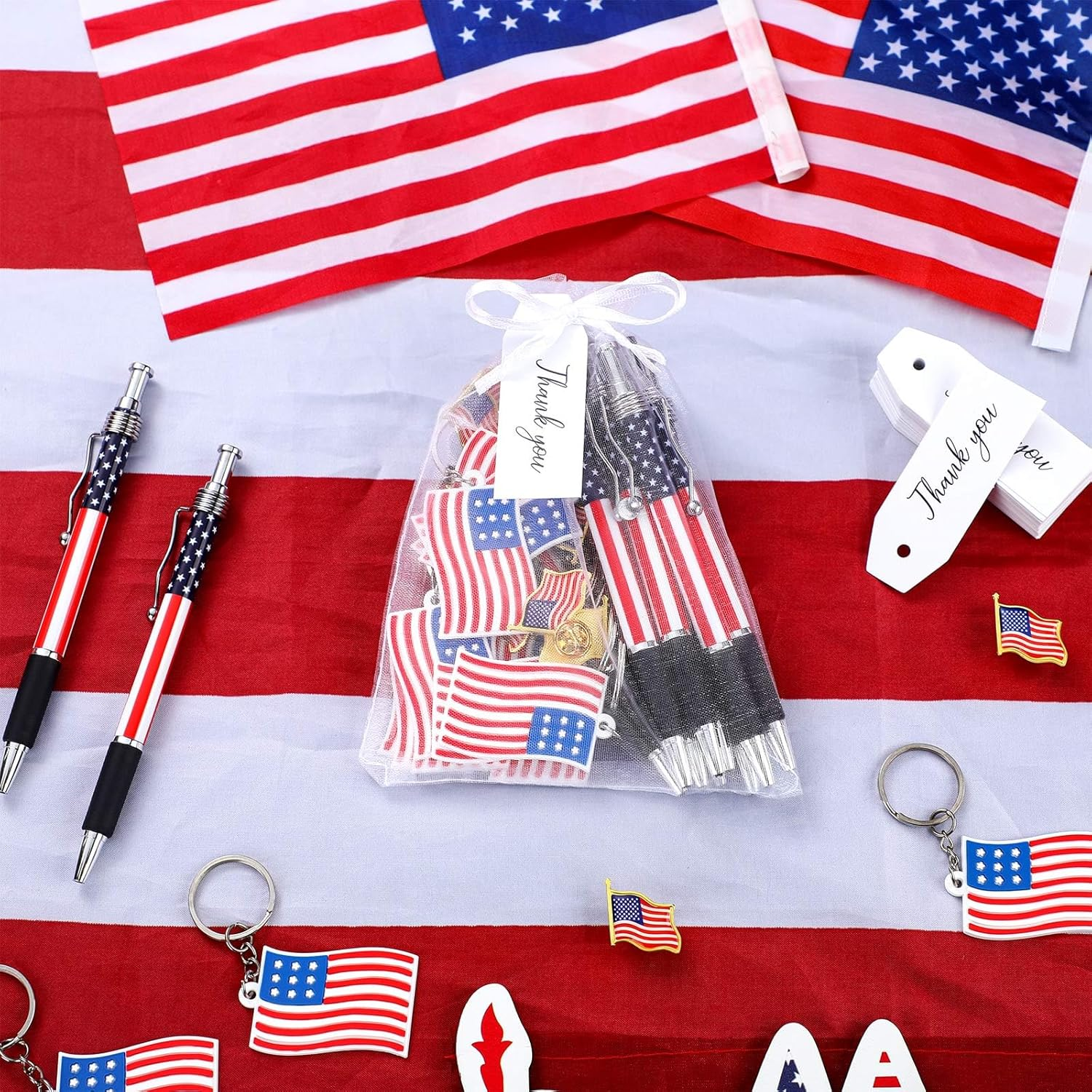 250 Pcs Veterans Day Style American Flag Lapel Pins Ballpoint Pen Black Independence Day Flag Keychains Thank You Card Organza Gift Bag for Home Office School 4Th of July Party Supplies - Image 4