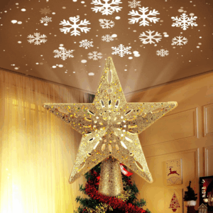 Christmas Star Tree Topper with Built-In Led Snowflake Projector Lights Hollowed Pentagram Tree Topper,Plug in Christmas Tree Ornament for Indoor Office Xmas New Year Holiday Tree Decoration