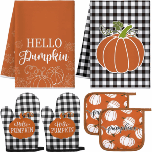 6 Pack Fall Thanksgiving Kitchen Set with 2 Hello Pumpkin Dish Towels, 2 Pot Holders and 2 Buffalo Plaid Oven Mitts for Gifting, Baking and Cooking