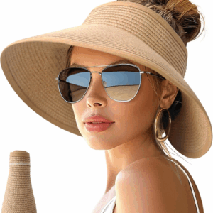 Sun Hats for Women Wide Brim Roll-Up Beach Ponytail Hat Packable Foldable Travel Straw Visor