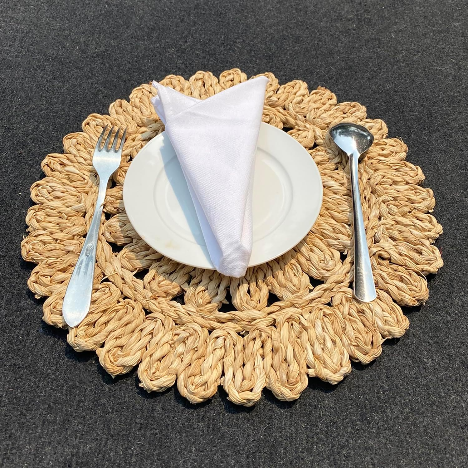 13.8" round Corn Husk Placemats | Boho Woven Rattan Table Mats | Natural Spring Farmhouse Plate Chargers | Handmade Rustic Wicker Place Mats for Christmas Wedding (Set of 4) - Image 2