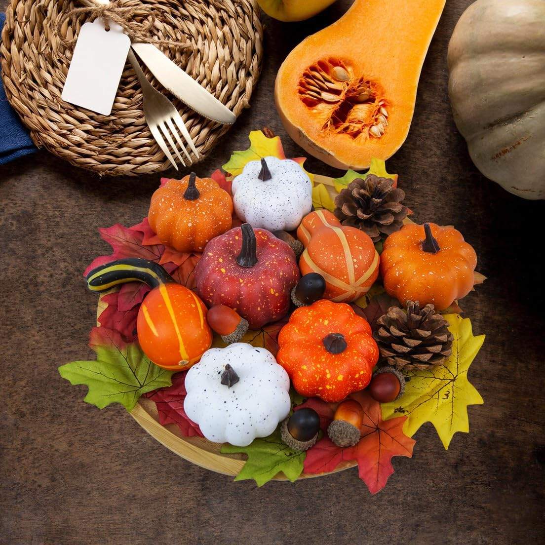 36PCS Mini Artificial Pumpkins Fall Decor Set - Realistic Small Fake Pumpkins for Decorating with Gourd Fall Leaves Acorns Pinecones for Autumn Table Centerpiece, Thanksgiving Harvest Home Decorations - Image 9