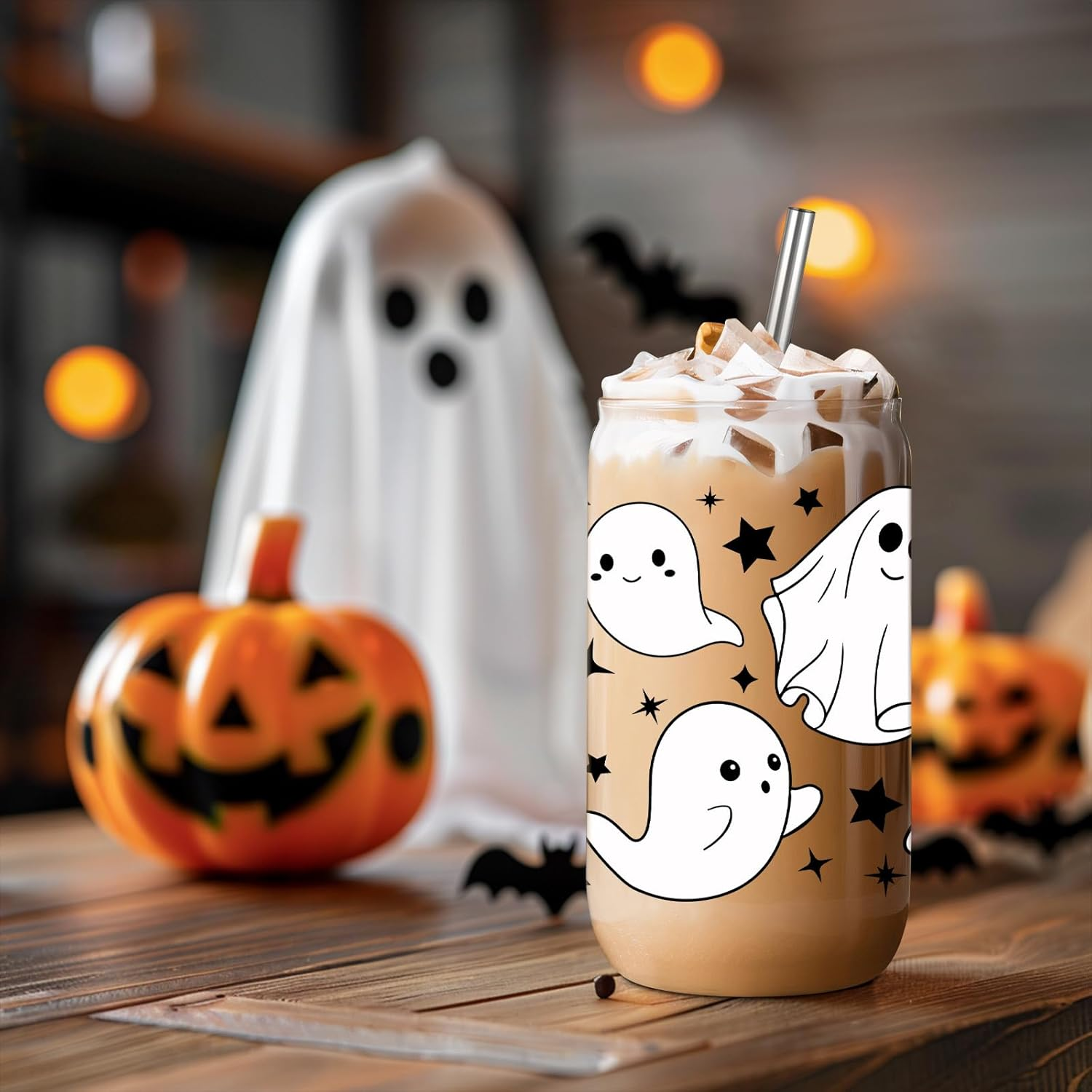 Ghost Halloween Cup, 16 Oz Tumbler Glass Cups W/Lids Straws - Spooky Iced Coffee Mug for Smoothie, Cute Halloween Gifts for Women, Girls - Boo Basket Stuffers, Spooky Gifts for Teens, Her - Image 7