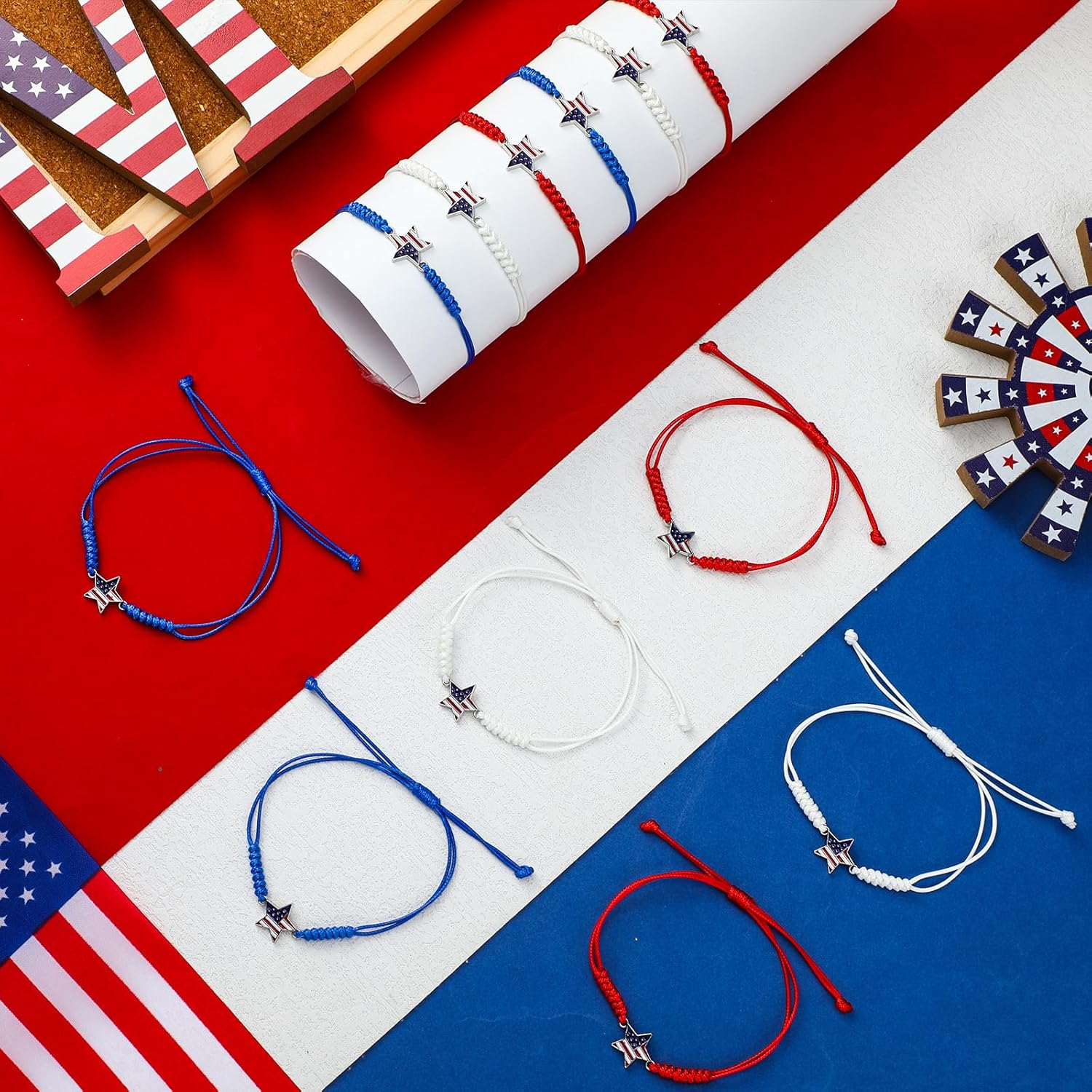 24 Pcs 4Th of July Bracelets Red White and Blue American Flag Star Woven Adjustable Bracelets Patriotic Party Favors USA Flag Jewelry for Women Independence Day Accessories Souvenirs Gifts - Image 3