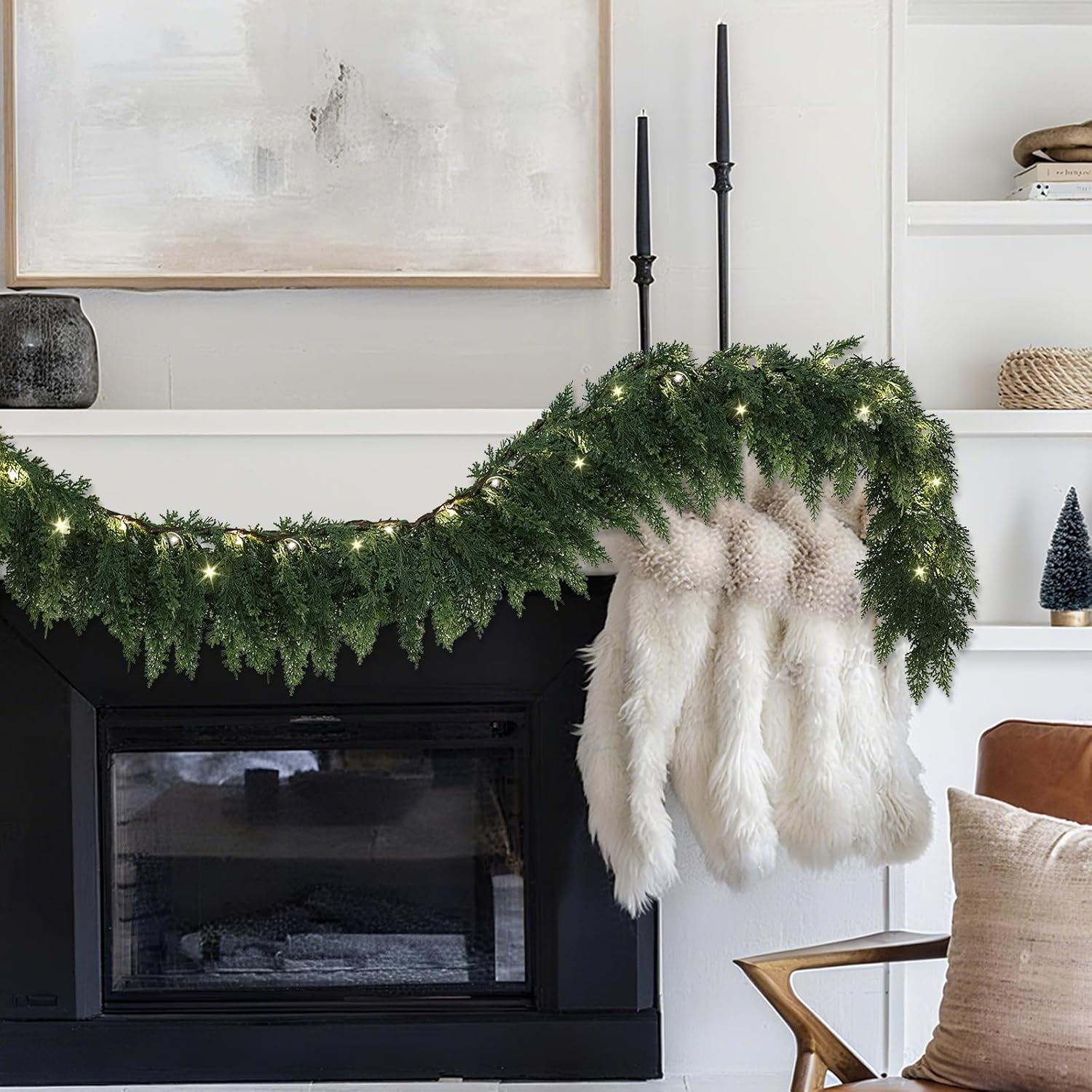 Realistic Christmas Garland with Lights-8 Lighting Modes 6FT Real Touch Lush Artificial Prelit Cedar Garlands for Stairs Railing Fireplace Table Xmas Christmas Decorations Indoor Outdoor Holiday Decor - Image 3