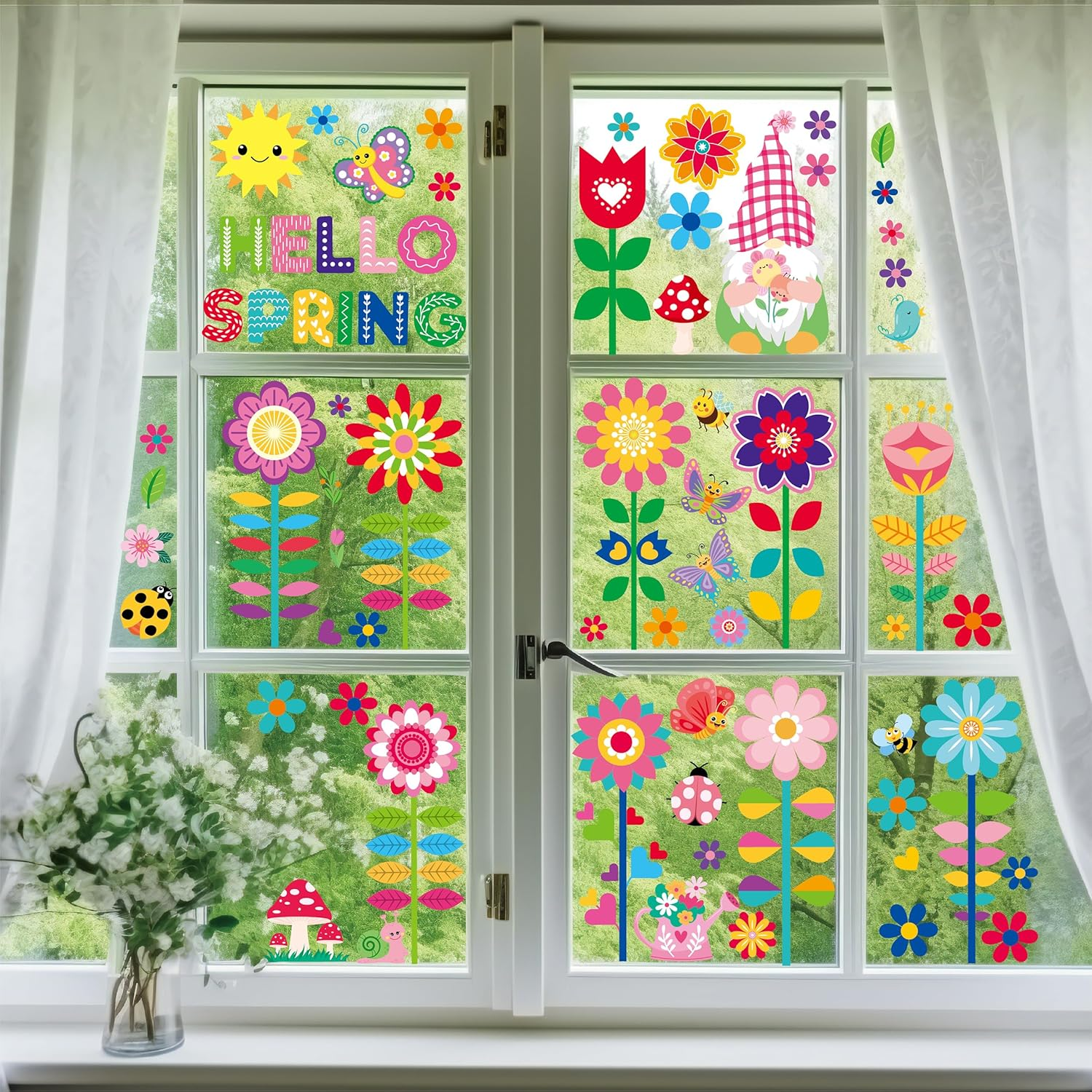 Spring Window Clings - 9 Sheets 112 Pcs Hello Spring Window Clings Colorful Flower Gnome Windows Decal Stickers Decor for Glass Windows Classroom Home Office - Image 2