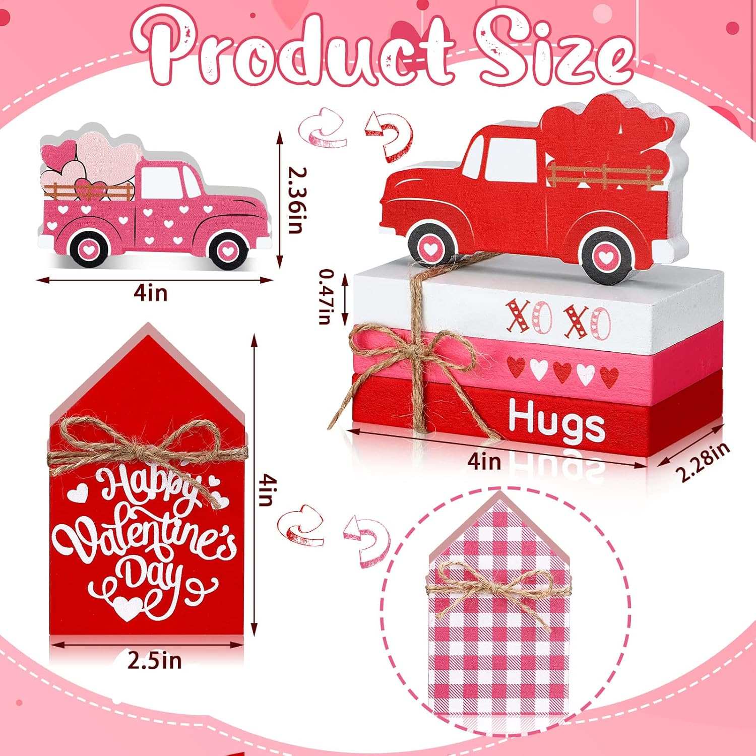 5-Piece Valentine'S Day Tiered Tray Decorations - 3 Faux Books Bundle with Twine, Red Truck & Heart Valentine House Sign - Table Decor for Bookshelf - Image 2