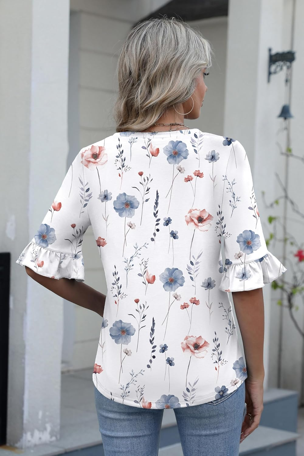 Womens Tops Casual V Neck Shirts Floral Solid Blouse Ruffle Tunics 3/4 Sleeve Tshirt S-XXL - Image 3