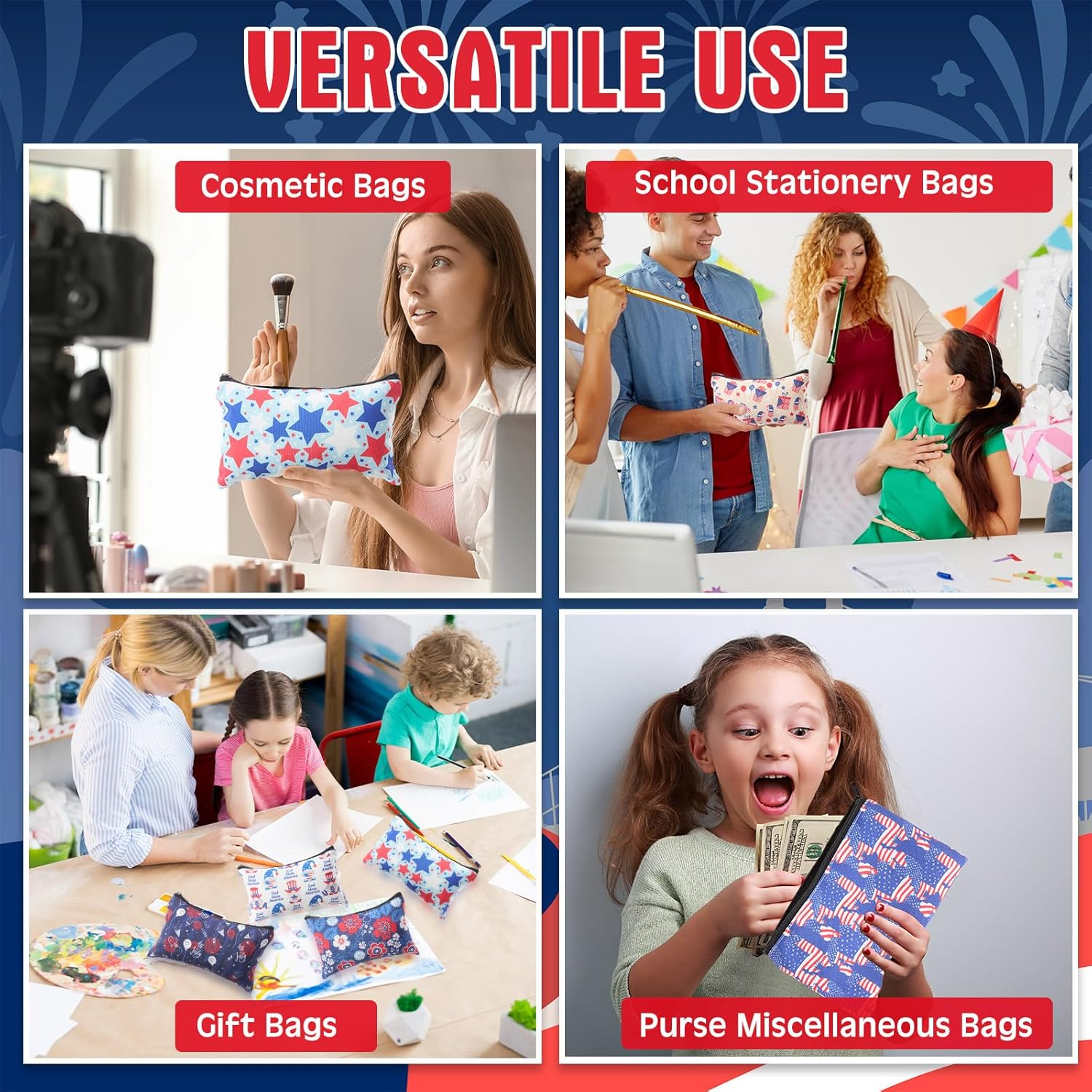 24 Pcs Patriotic Cosmetic Bags 4Th of July Makeup Bags Toiletry Pouch with Zipper Travel Cosmetic Organizer for Independence Day Gift Women Girls 24 Styles - Image 6