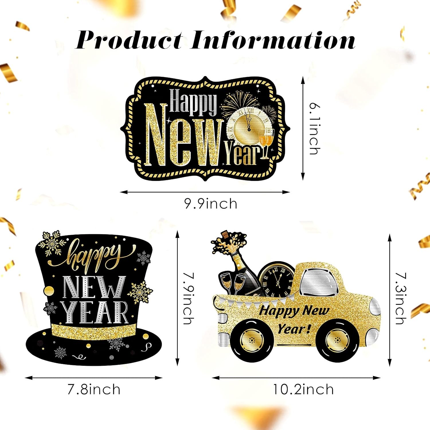 3 Pieces Glitter Happy New Year Sign 2025 Wooden New Year Hanging Sign Black Gold Party Decorations Eve Party Supplies with 6 Pieces Black Ribbon(Elegant Style) - Image 2