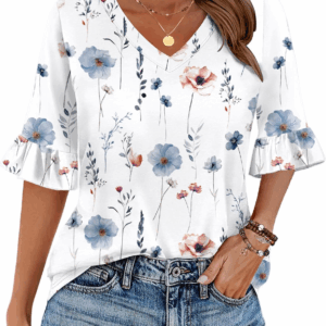 Womens Tops Casual V Neck Shirts Floral Solid Blouse Ruffle Tunics 3/4 Sleeve Tshirt S-XXL