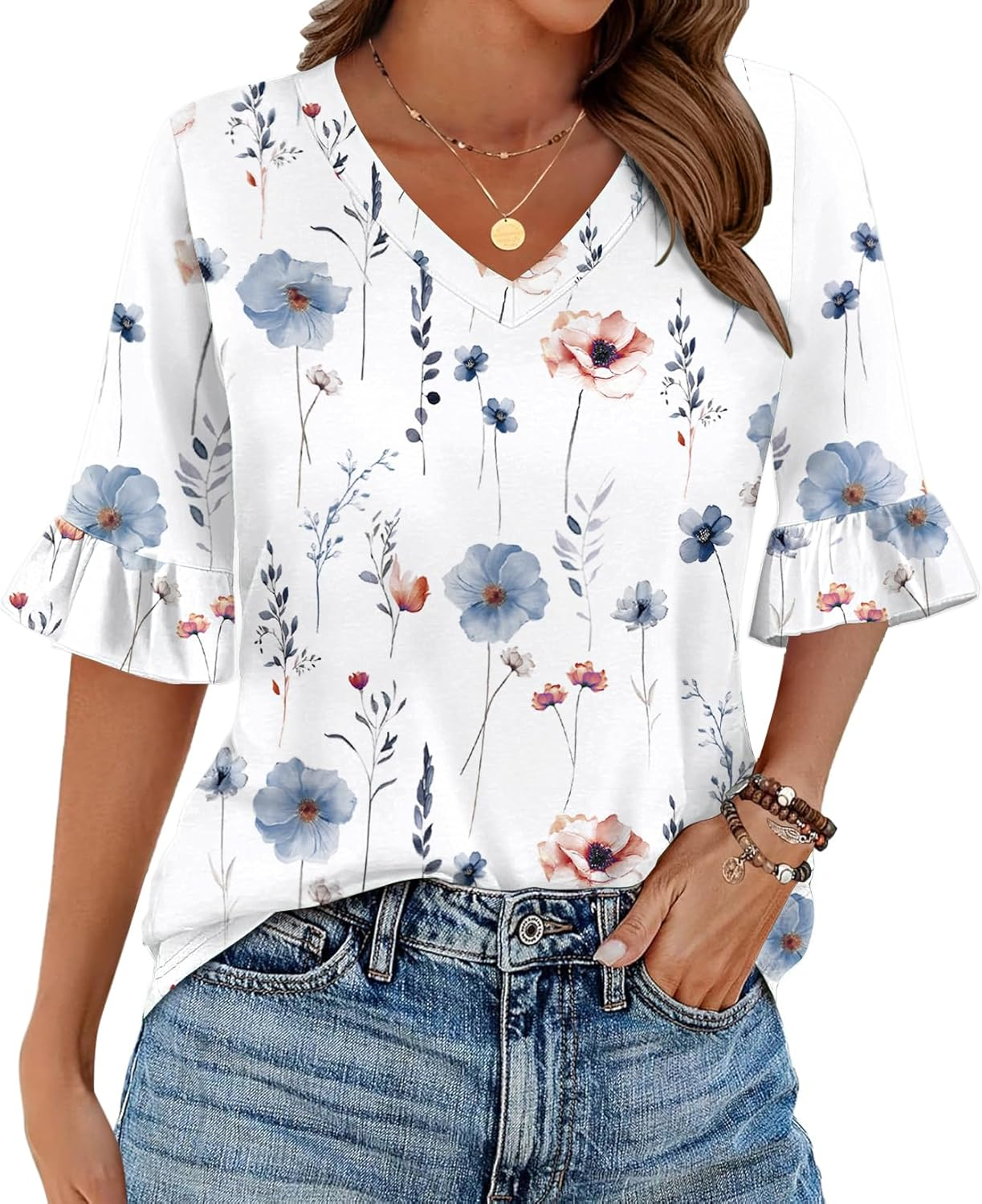 Womens Tops Casual V Neck Shirts Floral Solid Blouse Ruffle Tunics 3/4 Sleeve Tshirt S-XXL