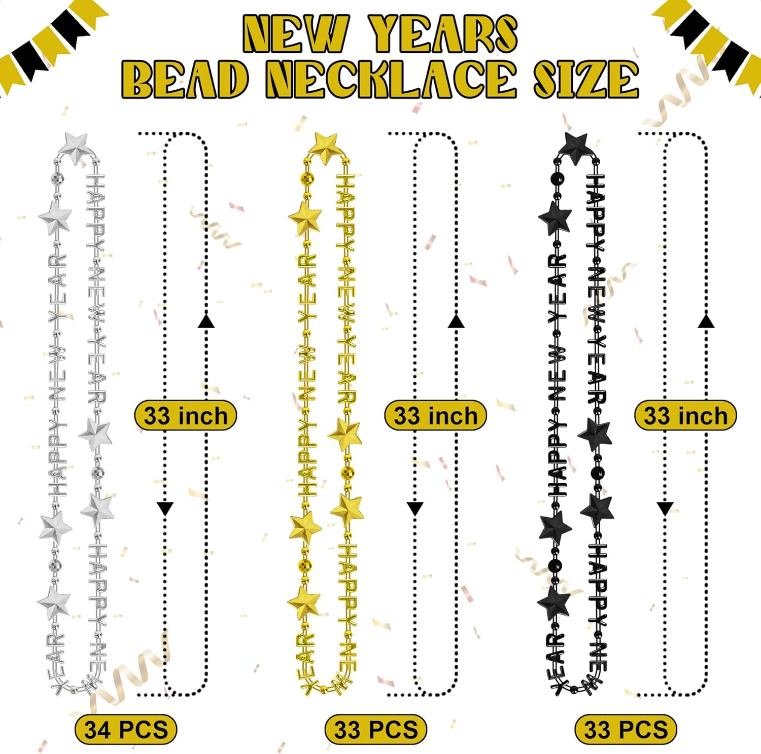 24PCS New Years Necklace Decorations, Bead Necklaces Party Supplies 2026, HAPPY NEW YEAR Star Necklaces Bulk Accessories, Black Gold Silver Bead Necklace 2026 Decorations - Image 2