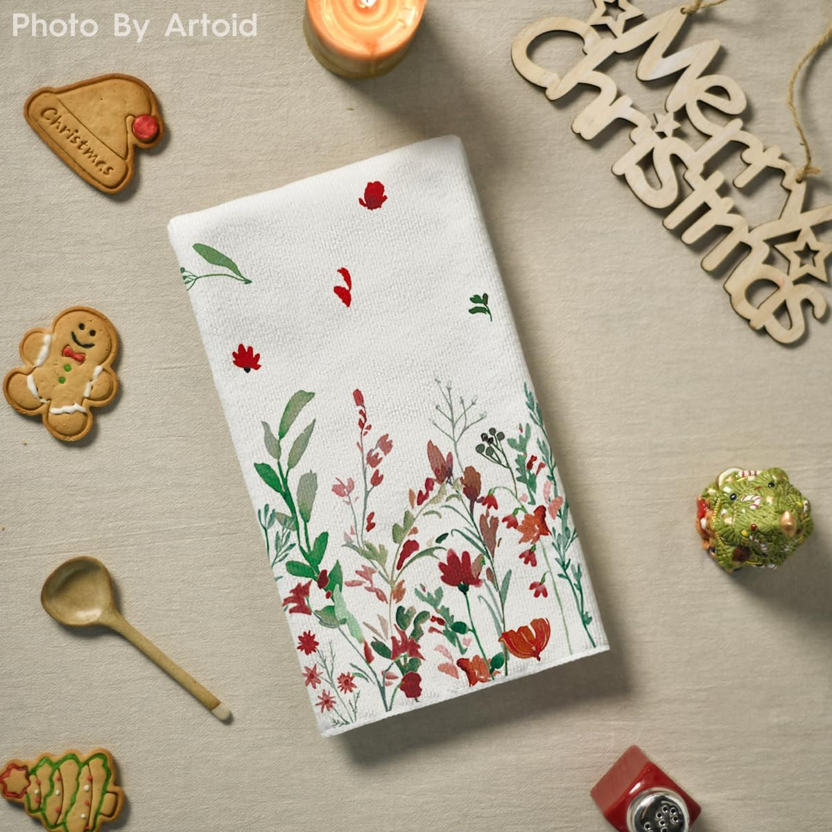Wildflower Floral Christmas Kitchen Towels Dish Towels, 18X26 Inch Farmhouse Holiday Winter Decoration Cleaning Set of 2 - Image 4