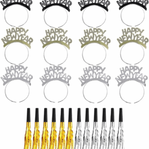 24 Pieces New Years Eve Party Supplies 2026,Happy New Year Headband Tiara,Metallic Fringed Noise Makers Gold Sliver for Kids and Adults
