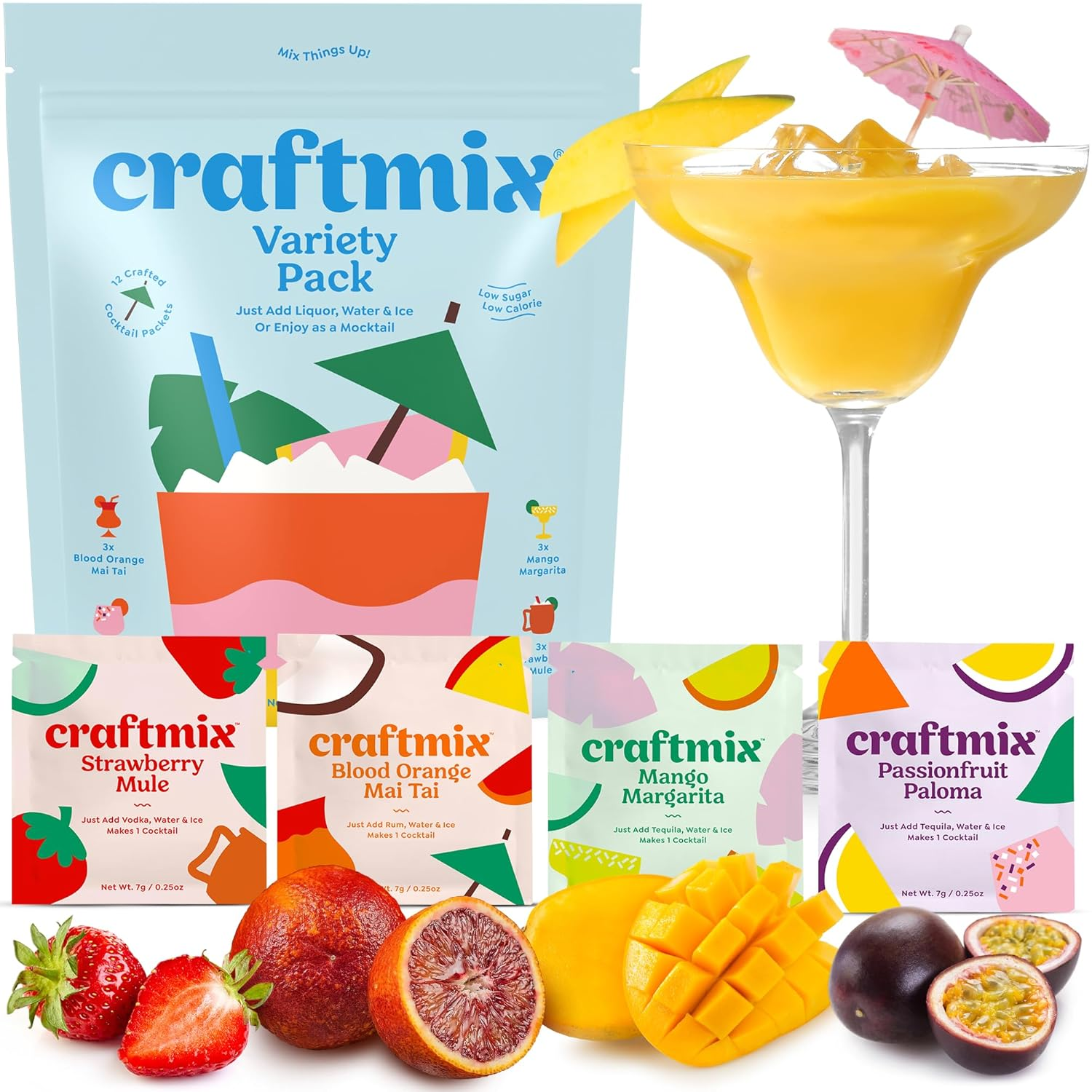 Variety Pack Cocktail & Mocktail Drink Mixer, Skinny Mixes - Water Flavoring Packets - Made with Real Fruit - Vegan Low-Carb, Low-Sugar, Non-Gmo, Dairy Free, Gluten Free, 12 Pack