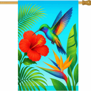 Spring Summer House Flag 28 X 40 Inch Double Sided Garden Flag Tropical Hummingbird and Hibiscus Flower for Summer Yard Banner Porch Outdoor Decor Welcome House Flag