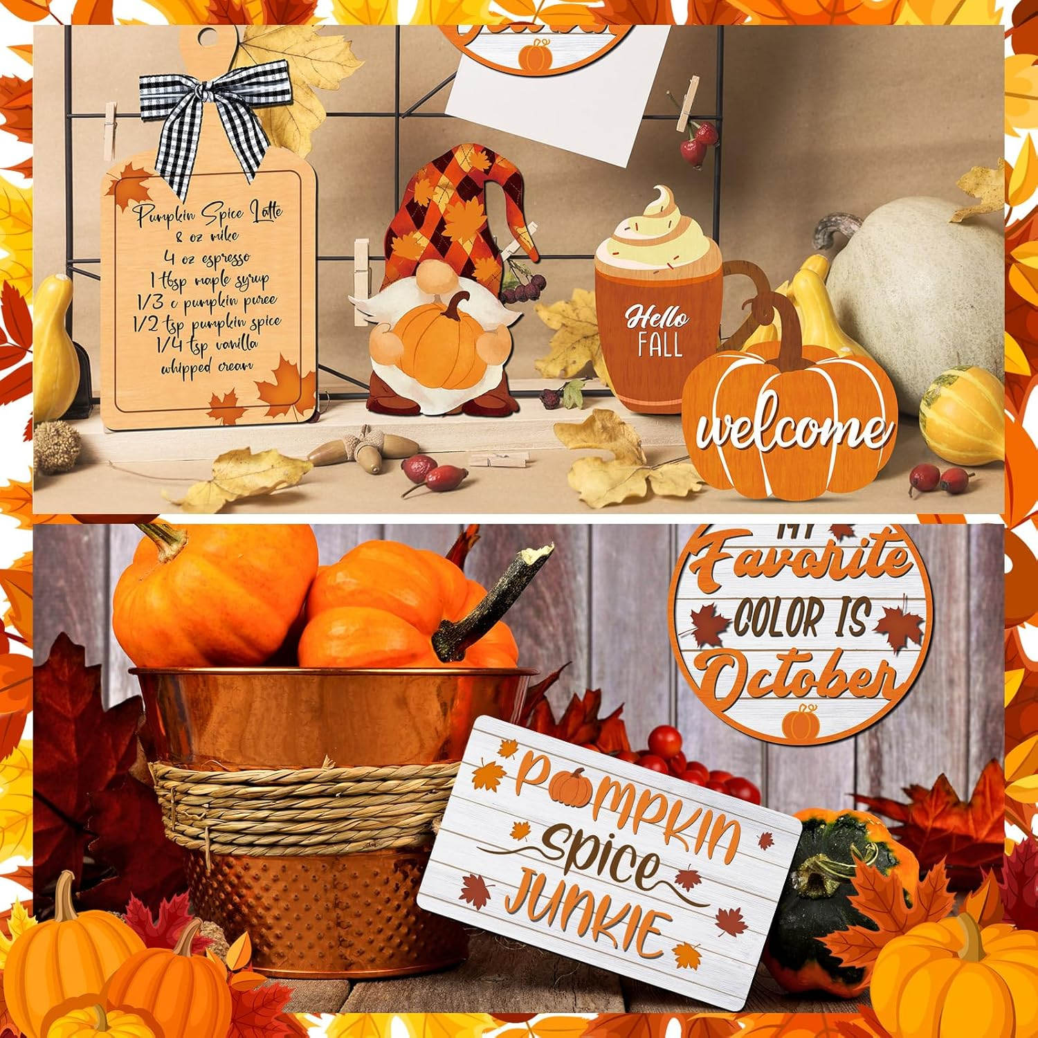 15 Pcs Thanksgiving Tiered Tray Decor Set Fall Thanksgiving Pumpkin Table Decor Drinking Coffee Rustic Farmhouse Pumpkin Truck Spice Blocks Autumn Wooden Sign Home Decorations - Image 4