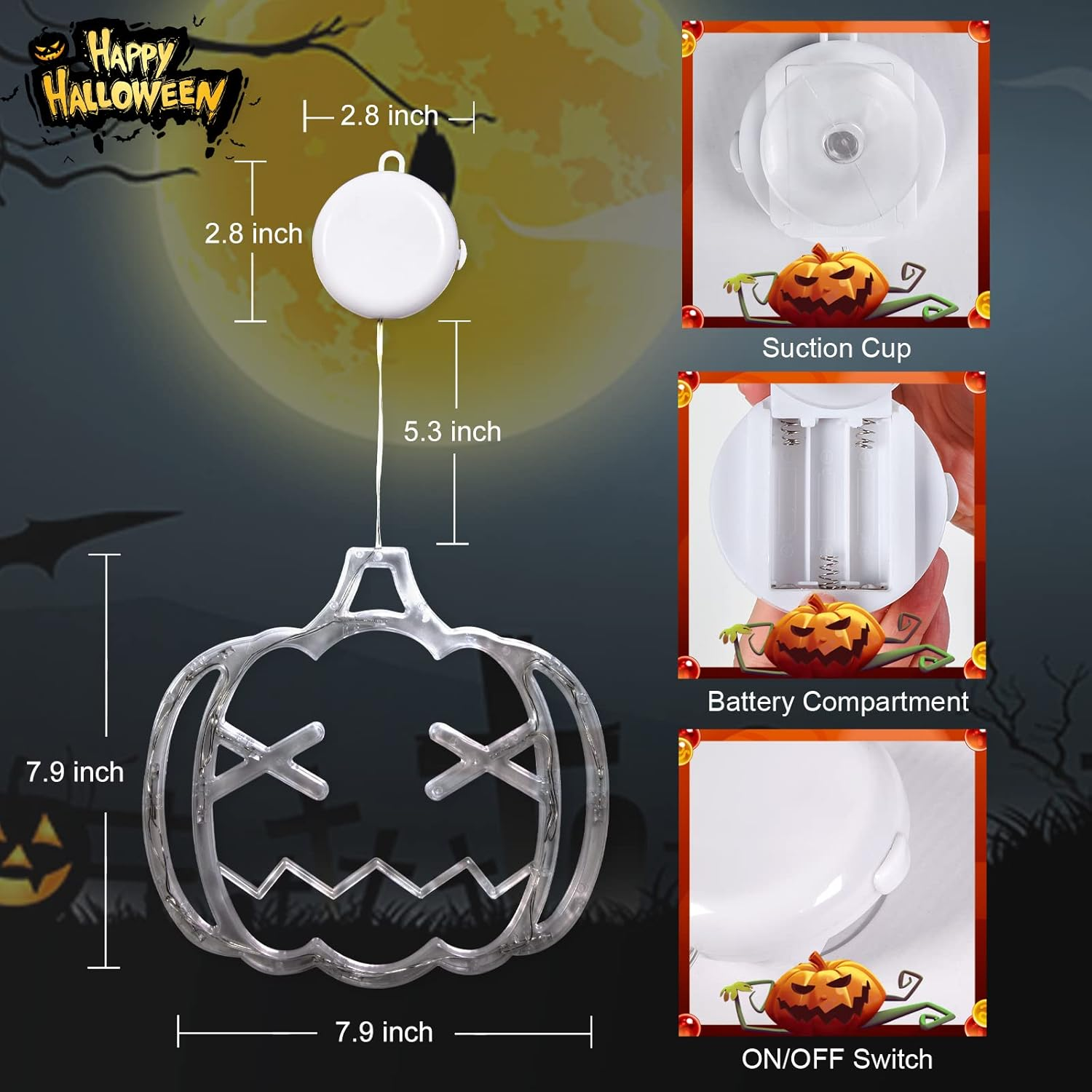 Halloween Lights Decorations 2025 3-Pack Orange Pumpkin White Ghost Purple Bat Window Lights with Suction Cups, Battery Operated Halloween LED Lights Window Decor Slow Fade Mode and Timer - Image 5