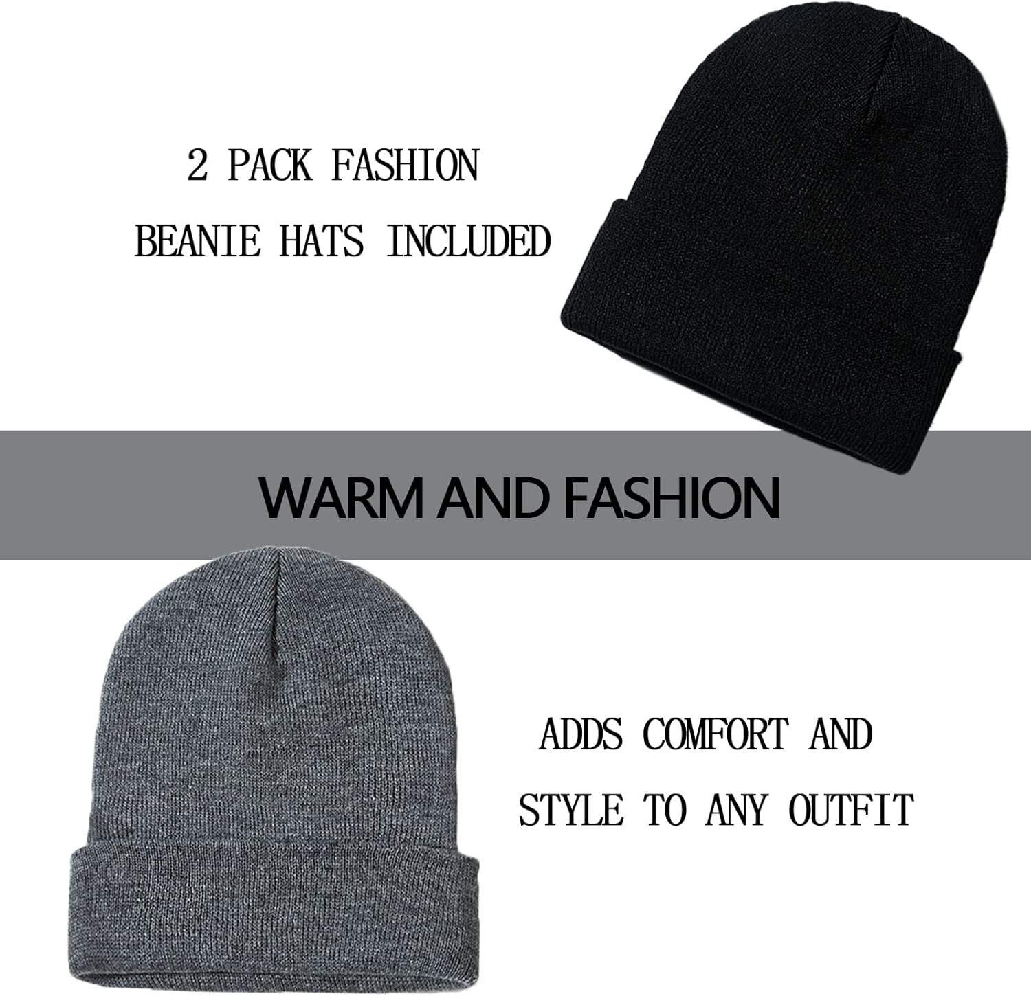 1&2 Pack Beanie for Men Women Slouchy Beanie Hats Winter Knit Caps Soft Ski Hat Unisex - Image 2