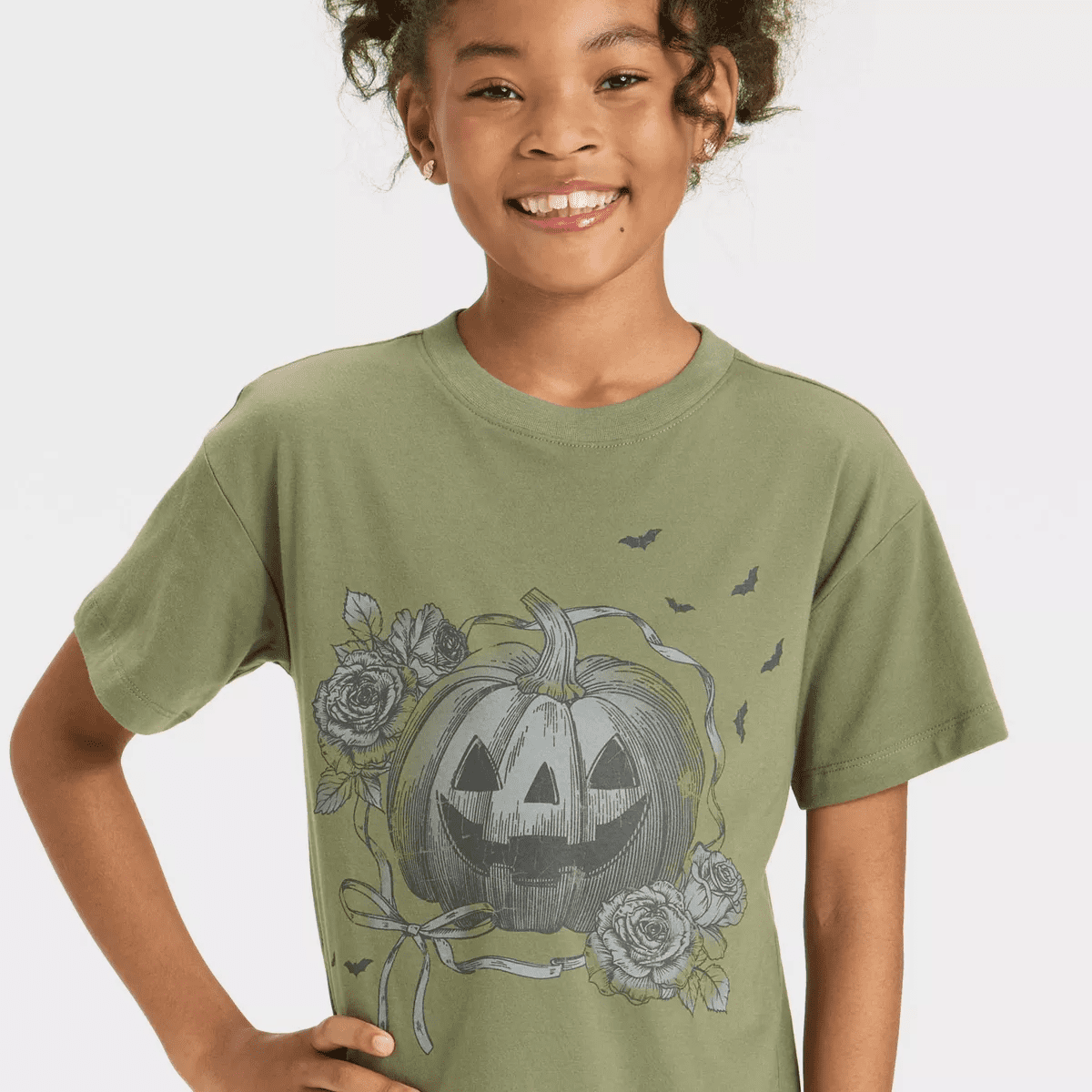 Girls' Short Sleeve Oversized Halloween Graphic T-Shirt - Cat & Jack™ Olive Green - Image 2