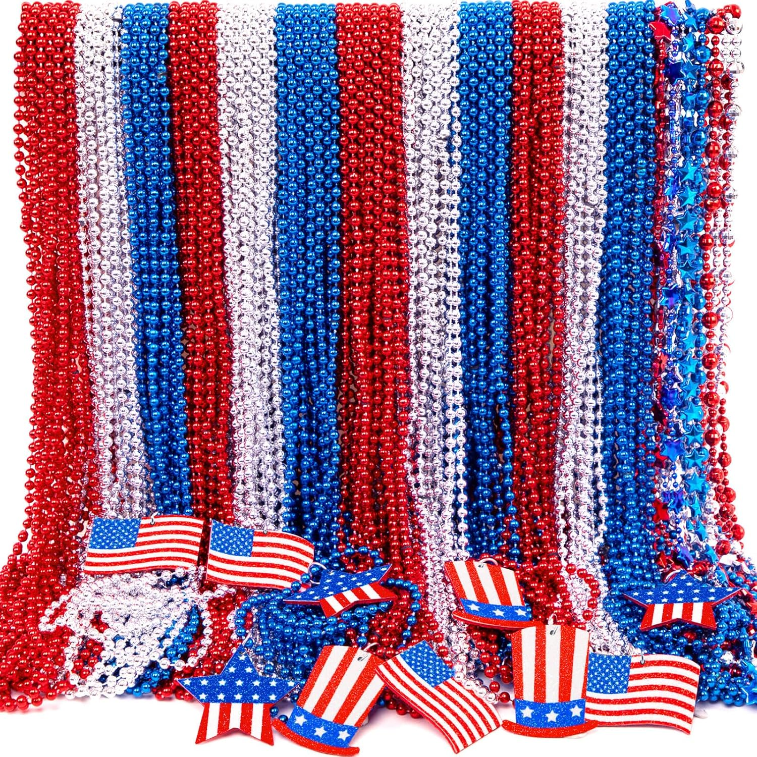 100PCS 4Th of July Accessories Necklaces: Blue White and Red Beads Bulk, Patriotic Party Independence Memorial Day Favors Toys Decorations