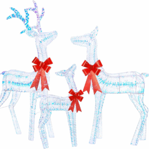 4.5FT 3D Pre-Lit Iridescent Christmas Reindeers Family, 3-Piece Lighted Deer Set with 280 LED Lights, Stakes, Zip Ties for Indoor or Outdoor Christmas Decorations