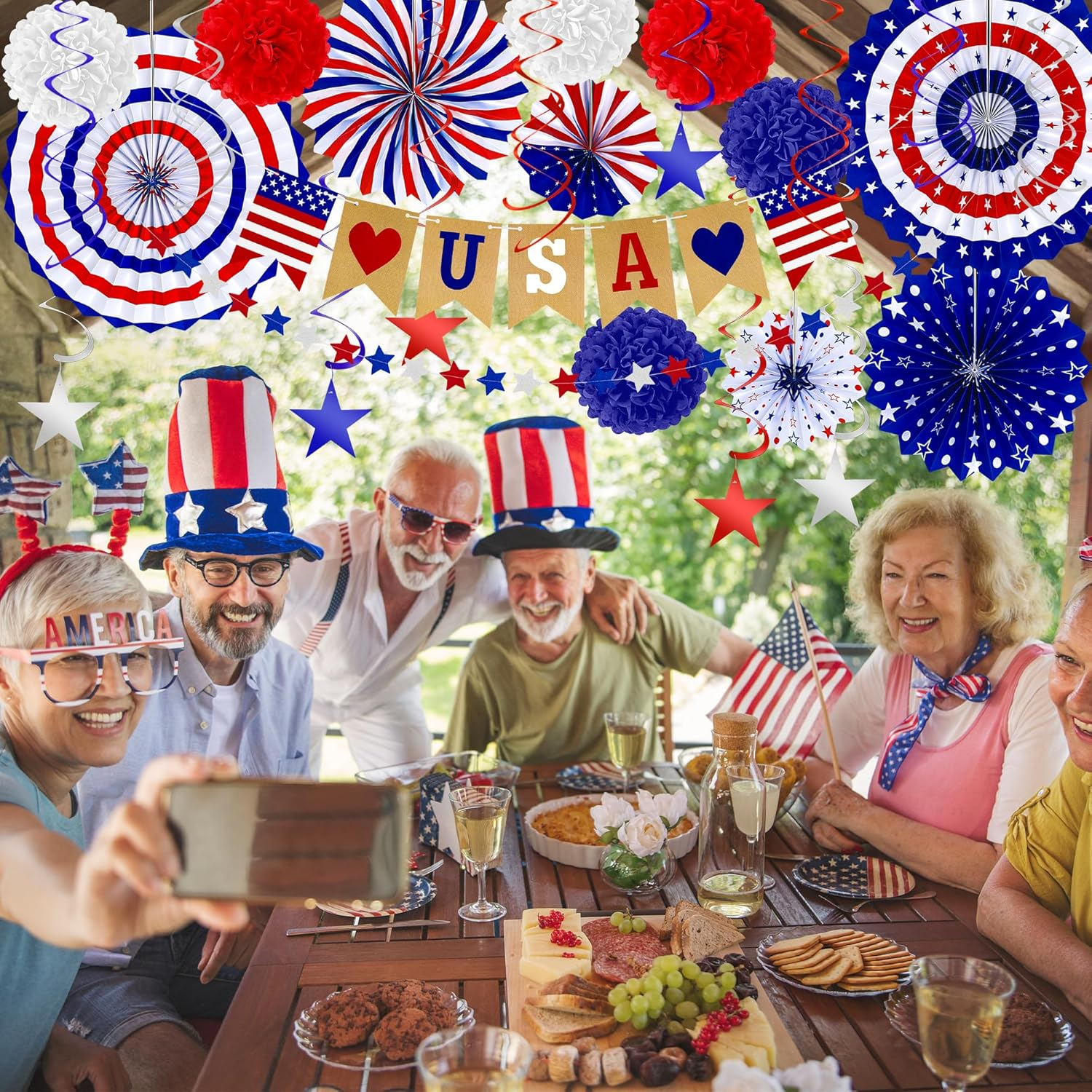 26 PCS 4Th of July Decorations, Red White Blue Paper Fans in Patriotic Designs, 4Th of July Banner Pompom Star Garland and Hanging Swirls Set for Fourth of July Independence Day Party Supplies Decor - Image 6