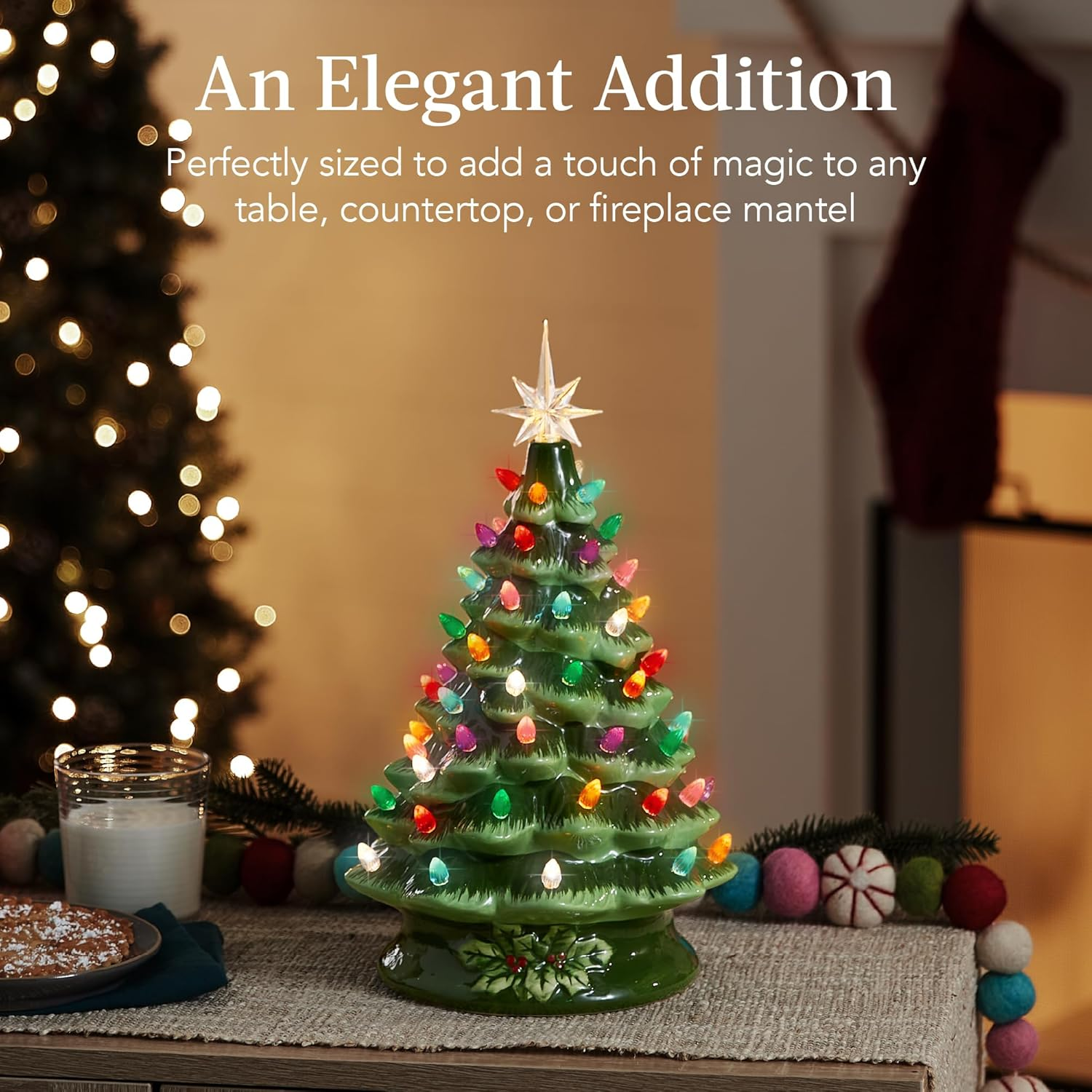 15In Ceramic Christmas Tree, Pre-Lit Hand-Painted Tabletop Holiday Tree, Star Topper, 64 Lights - Green W/Multicolored Bulbs - Image 5
