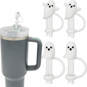 Cute Ghost Straw Covers Cap Compatible with Stanley Cup 30 40 Oz, 4PCS Silicone Reusable Drinking Straw Topper, Funny Tumbler Accessories Halloween Decorations Gifts Boo Basket Items Essentials