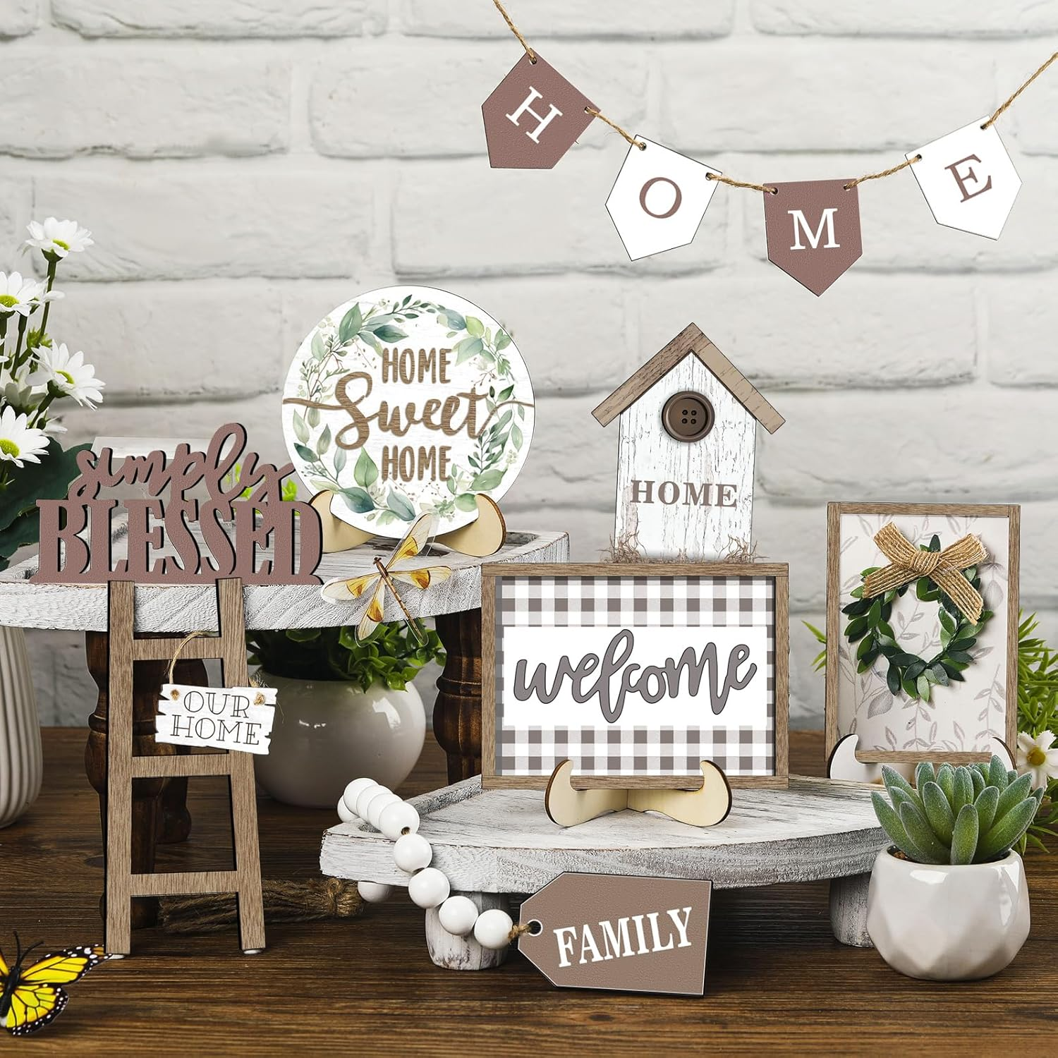 Set of 11 Summer Farmhouse Tiered Tray Decor Rustic Home Tiered Tray Decorations Set Wooden Signs Home This Is Us Farmhouse Tabletop Wood Signs for Kitchen Table Shelf Decor - Image 5